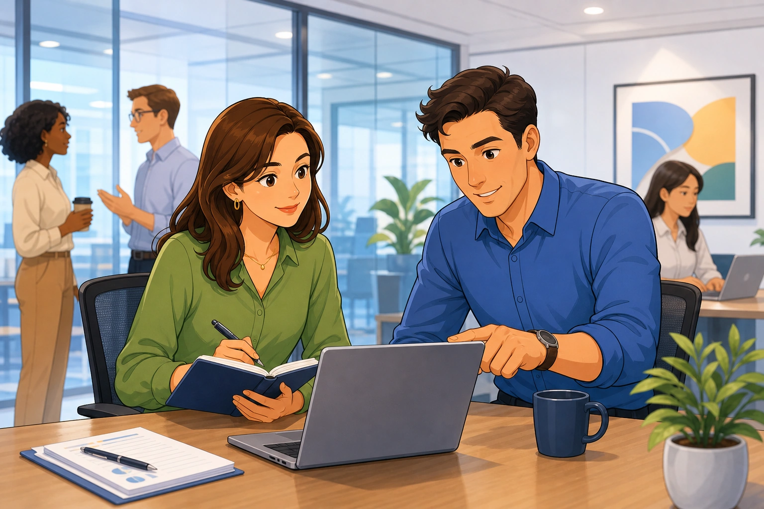 A modern office meeting room with a female employee holding a notebook and a male coworker pointing at a laptop, both looking focused beside a conference table.