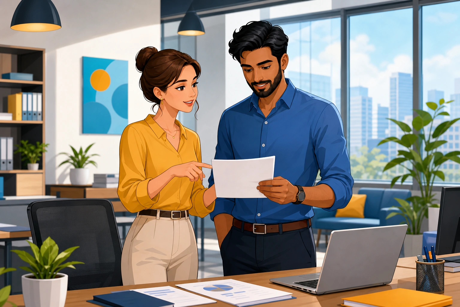 A woman and a man stand in a modern office beside a desk with papers and a laptop, talking calmly while reviewing a document.