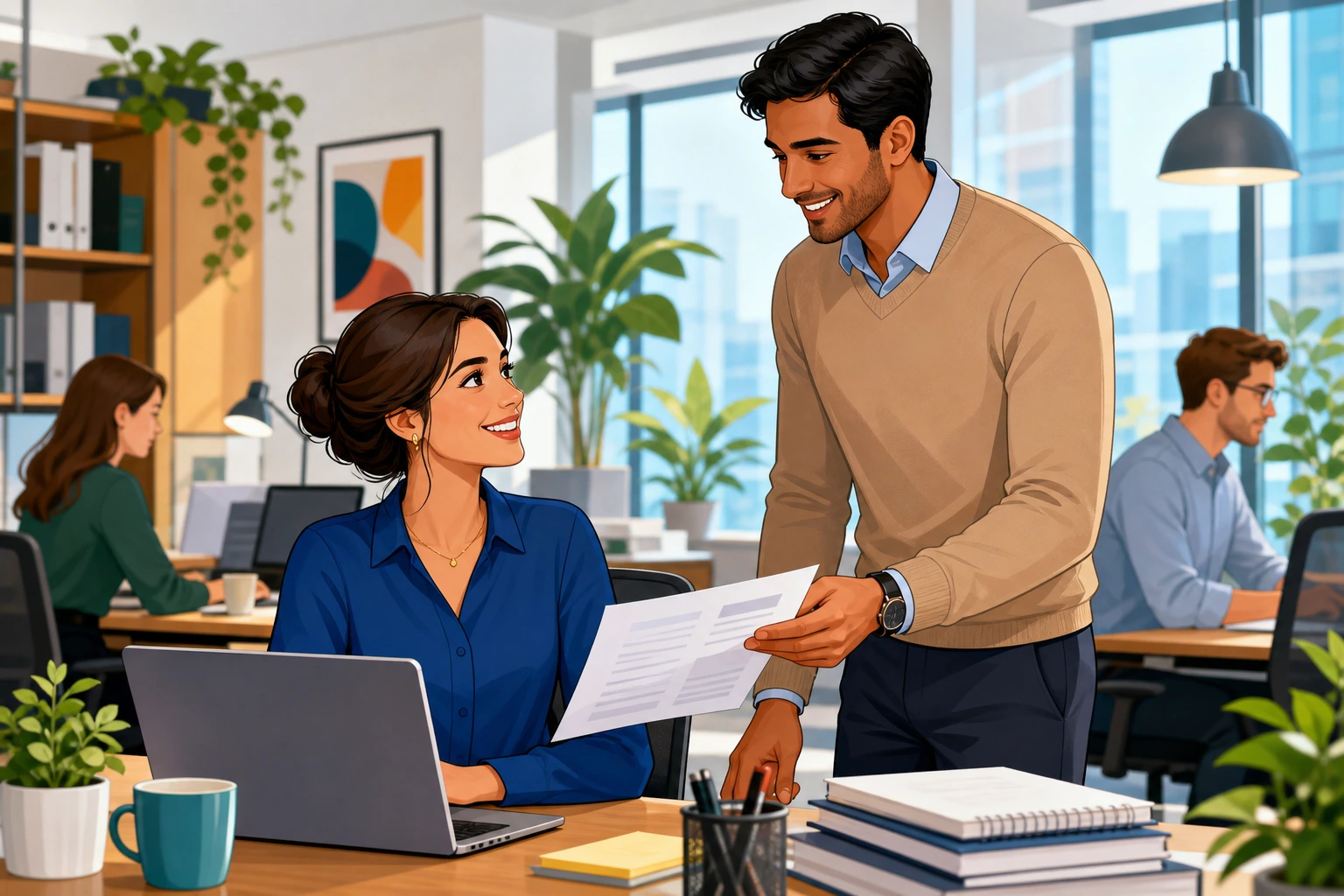 A woman in a business blouse sits at a desk in a busy office while a man stands beside her, handing over printed client notes near a laptop and coffee mug.