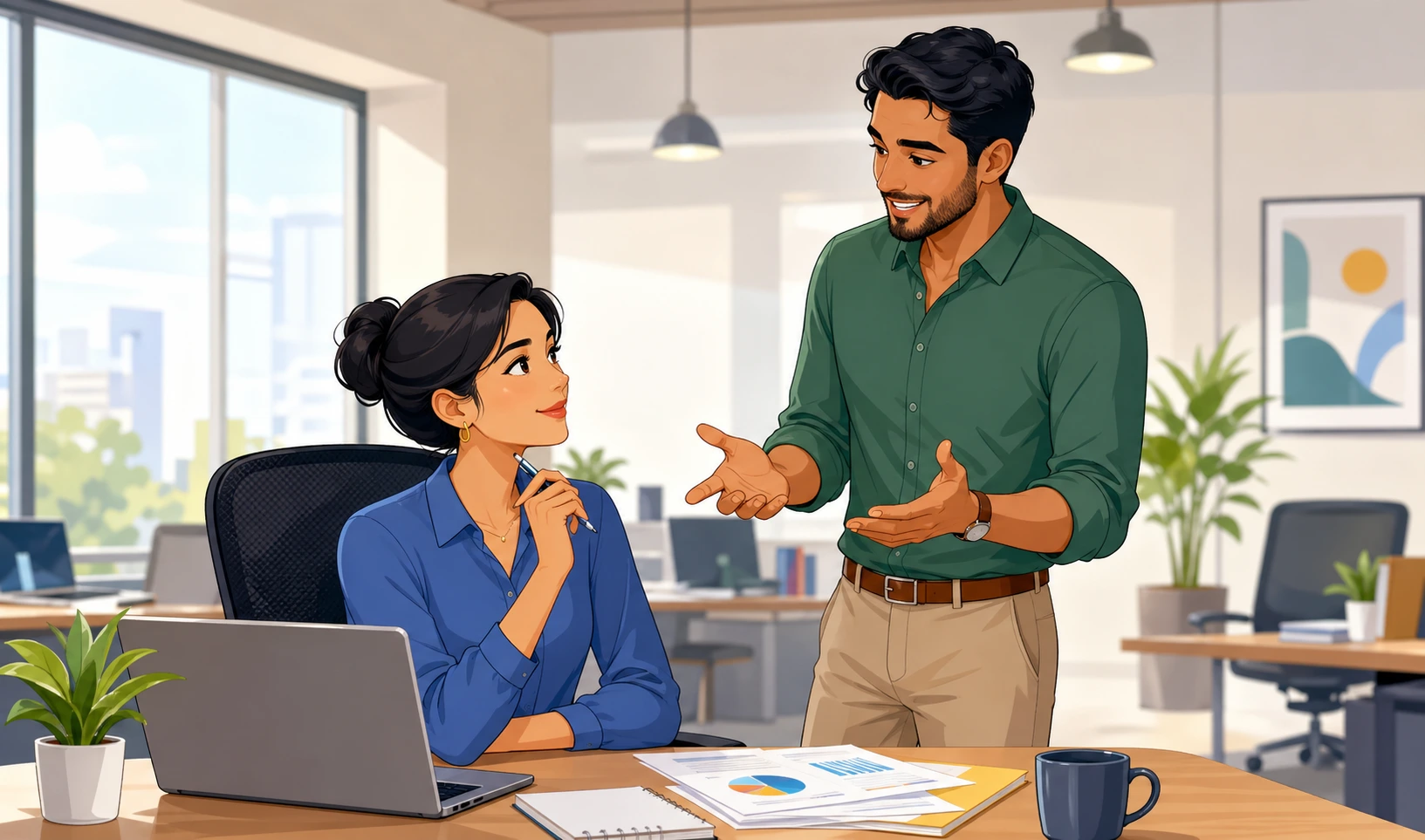 A woman in business casual clothes sits at a desk while a male coworker stands nearby explaining something in a modern office.