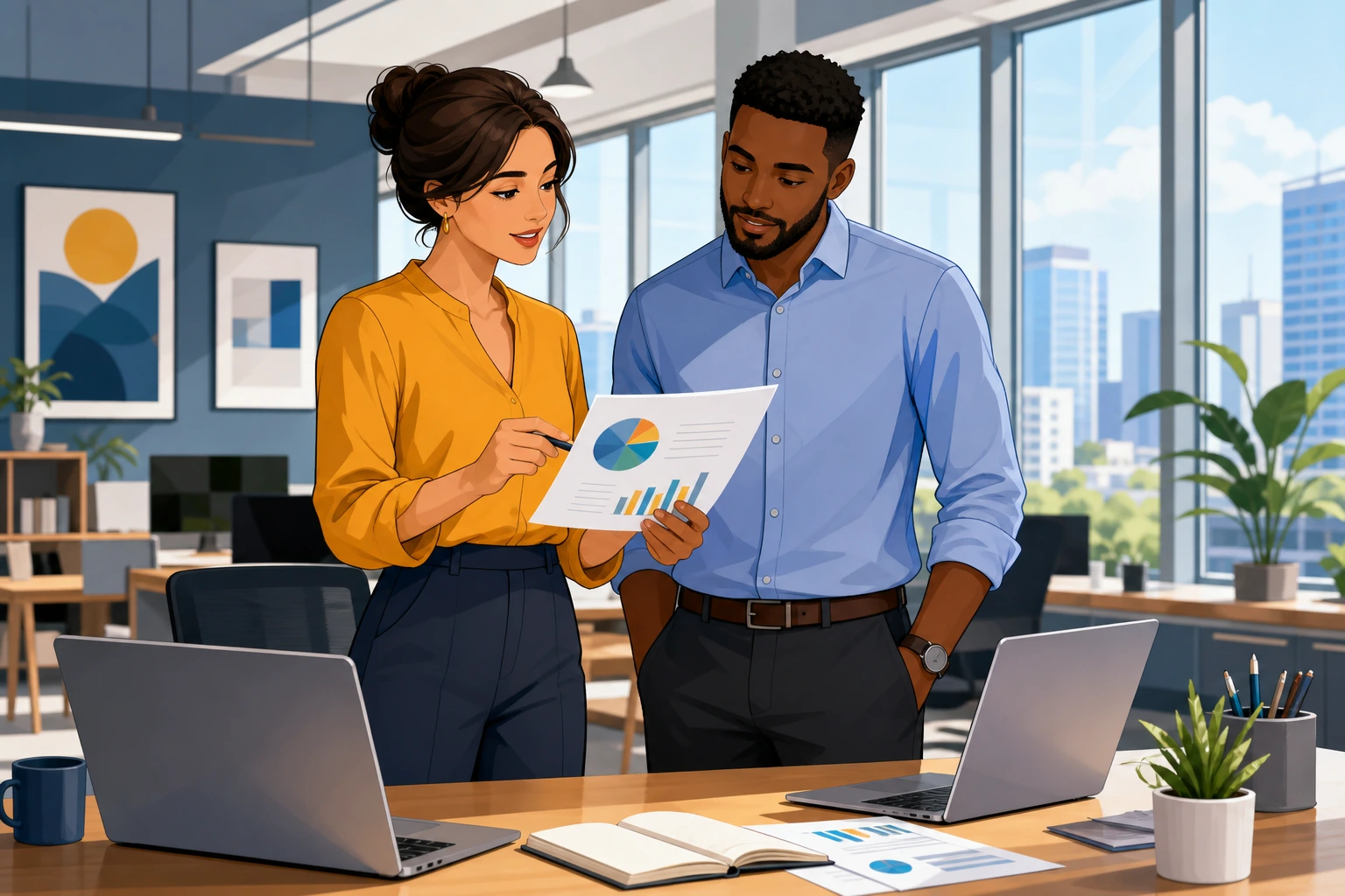 A woman and a man standing beside a desk in a modern office, looking at a printed report and talking calmly with laptops and papers nearby.