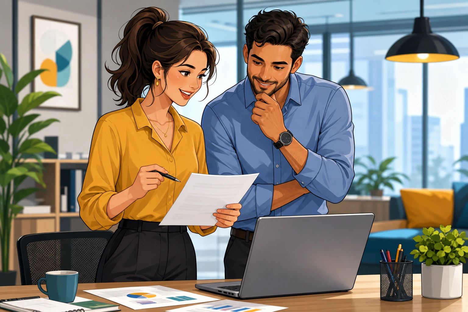 A young woman and a man stand beside a desk in a modern office, looking at printed notes and a laptop while discussing a presentation.