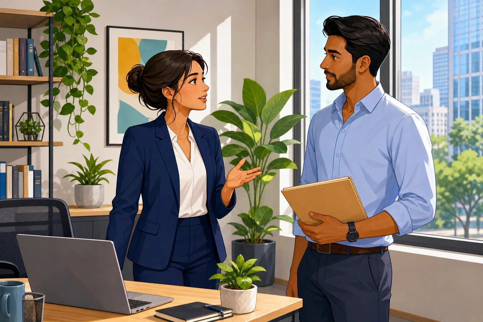A woman in business attire stands by a desk with a laptop in a bright office, speaking with a man holding a folder near a window, both looking focused and professional.