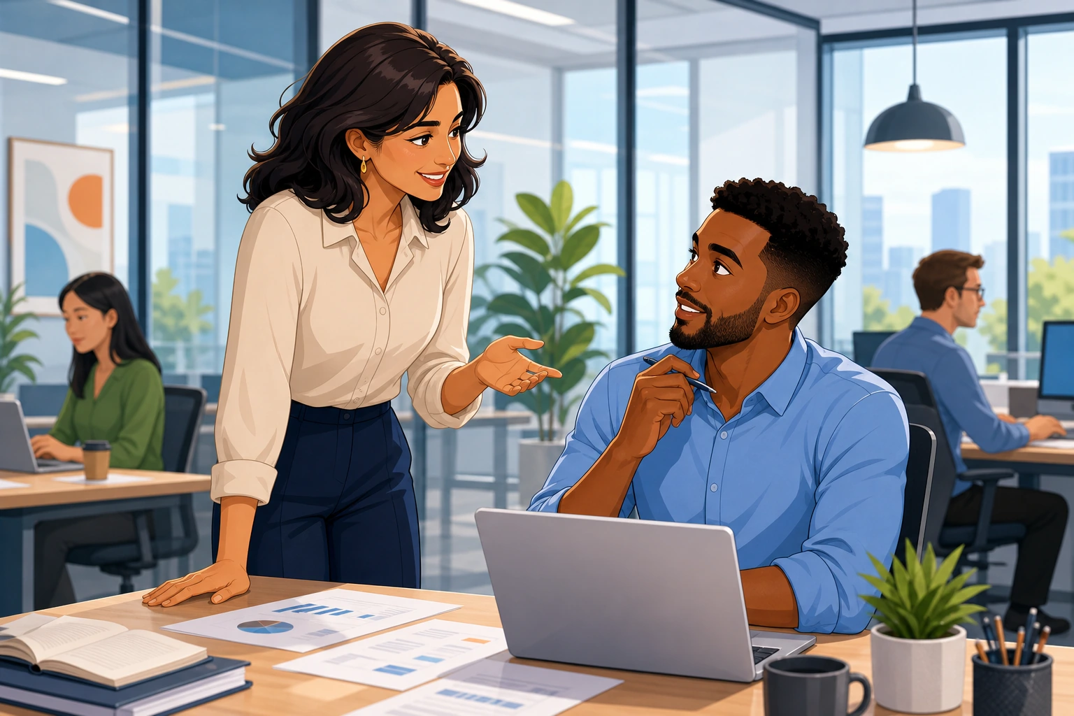 A professional woman stands by a coworker’s desk in a bright office while a man listens with a laptop open and papers spread out between them.