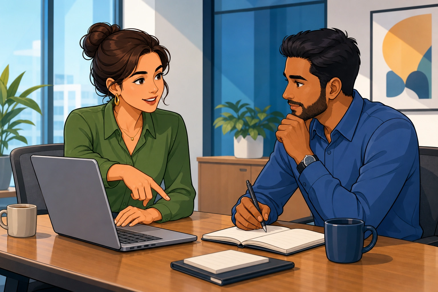 A woman in a modern office meeting room points at a laptop on the table while a man listens with notes and coffee cups beside them.