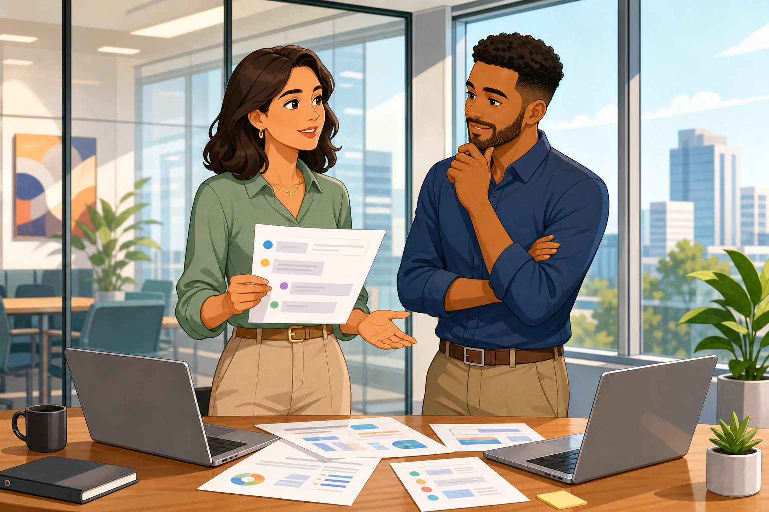 A woman and a man stand in a modern office meeting room with laptops and printed papers on the table, speaking calmly while reviewing an email thread.