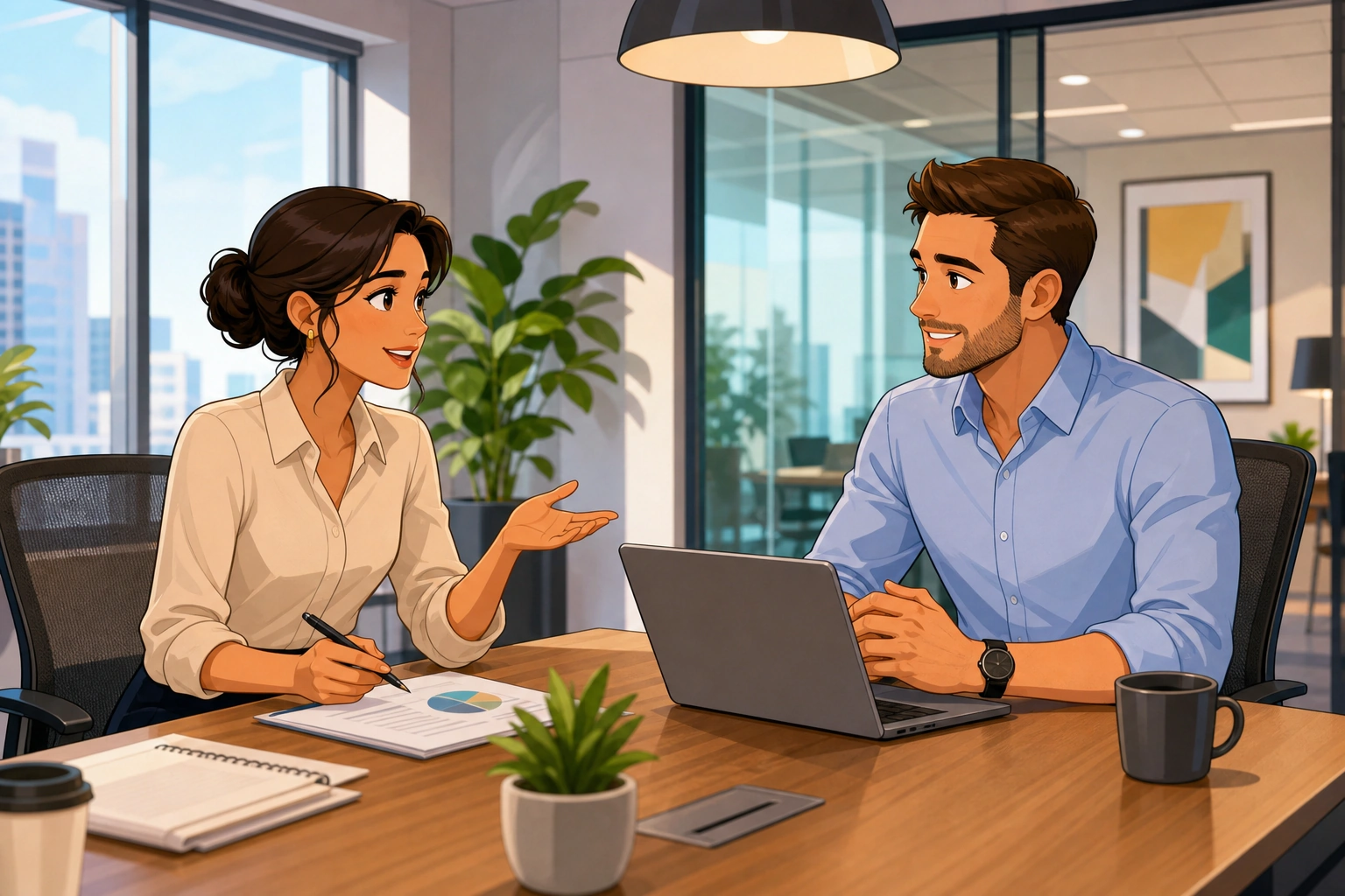 A woman in a smart blouse and a man in a shirt sit across a conference table in a modern office, discussing a laptop and printed notes.