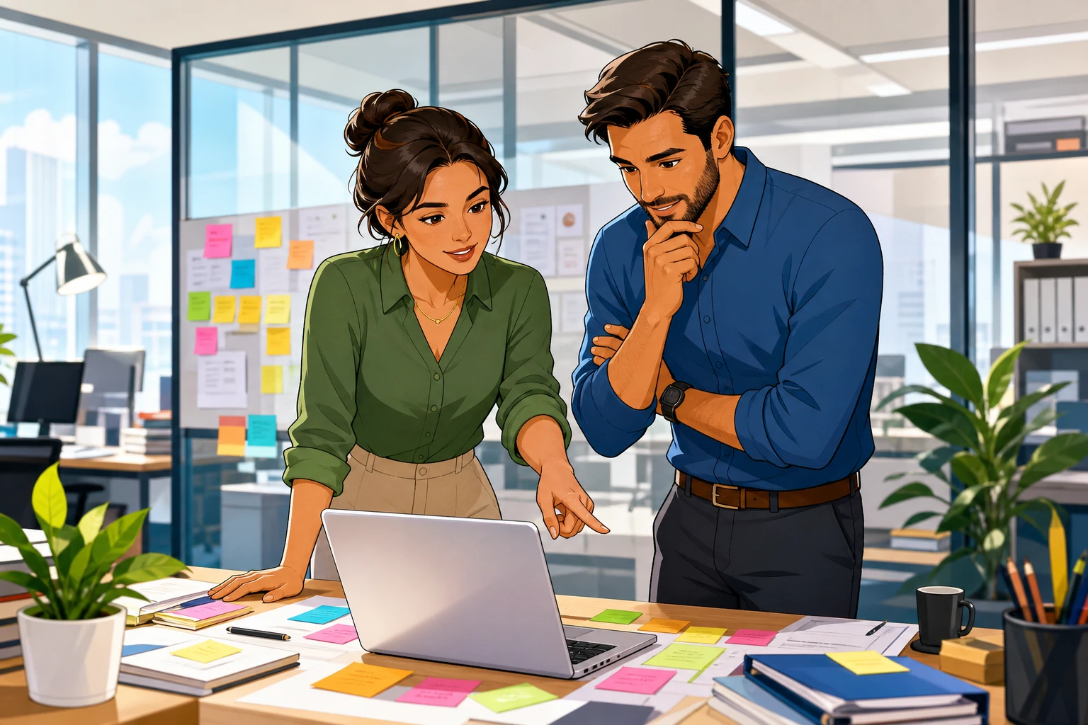 A woman and a man stand beside a cluttered desk in a modern office, looking at a laptop and sticky notes while discussing a work problem.