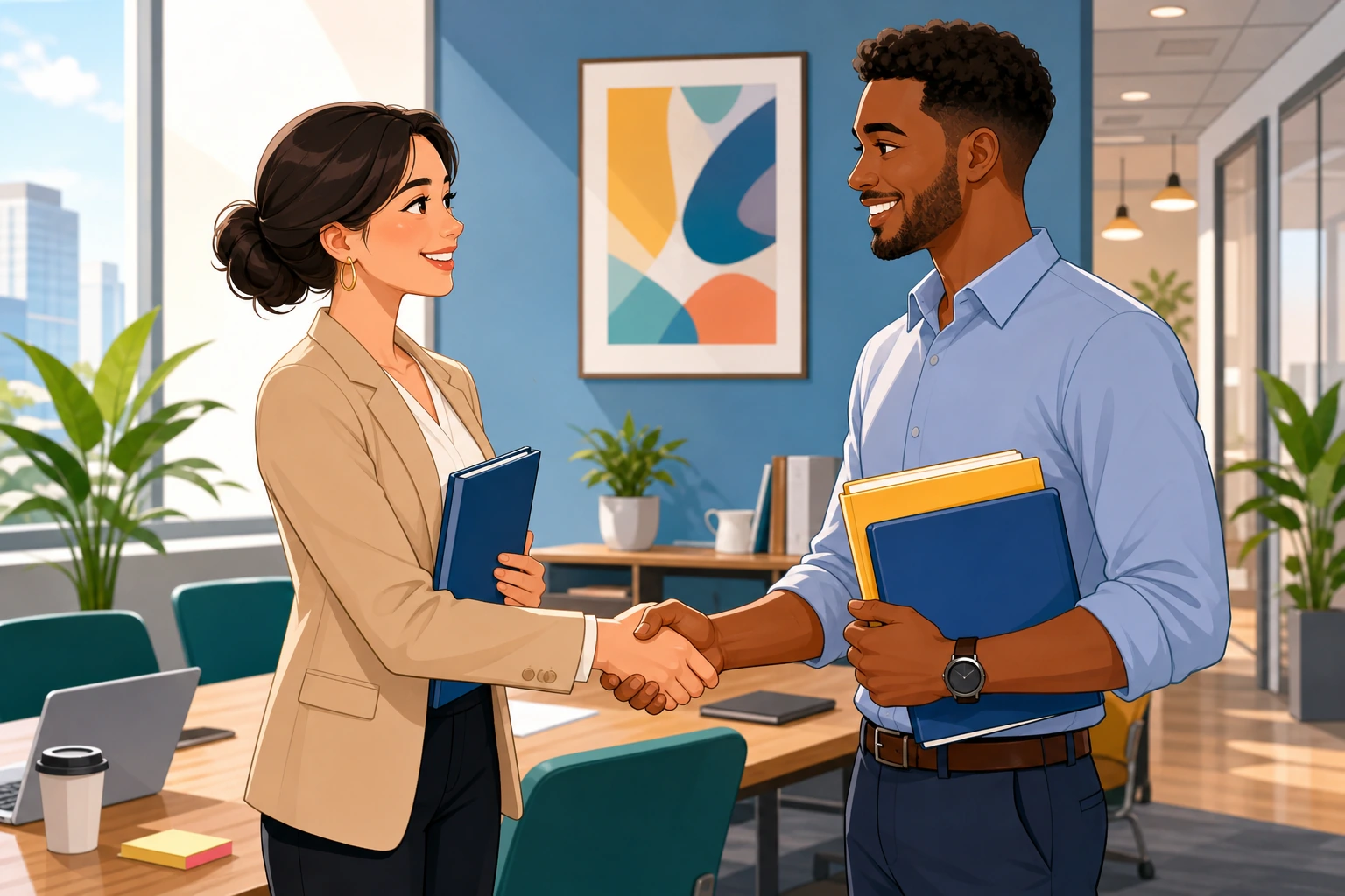 A woman and a man stand in a bright office near a meeting table, smiling and shaking hands while holding project folders.