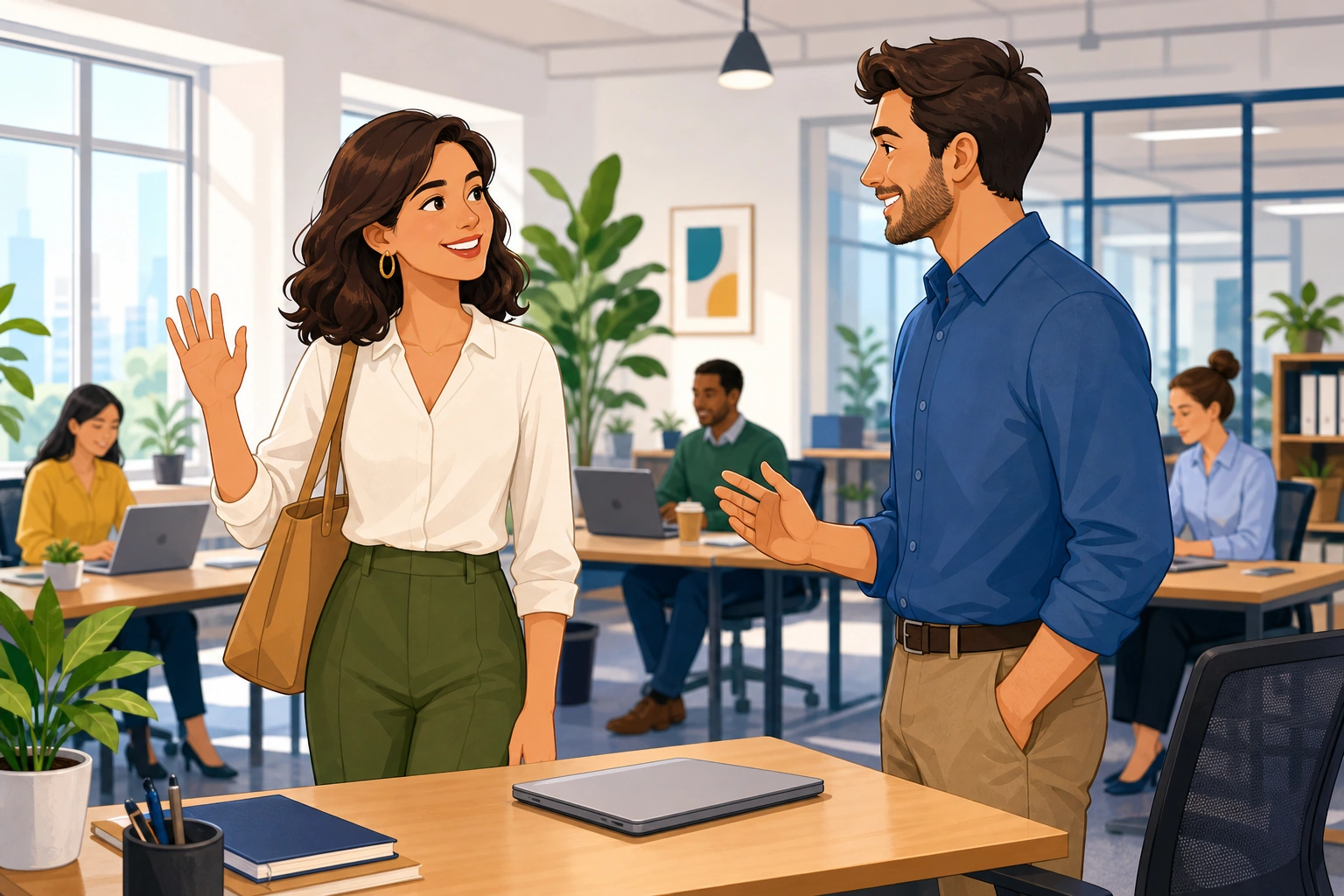 A professional woman and a man stand near a desk in a bright office, smiling and finishing a casual conversation while coworkers and laptops are visible in the background.