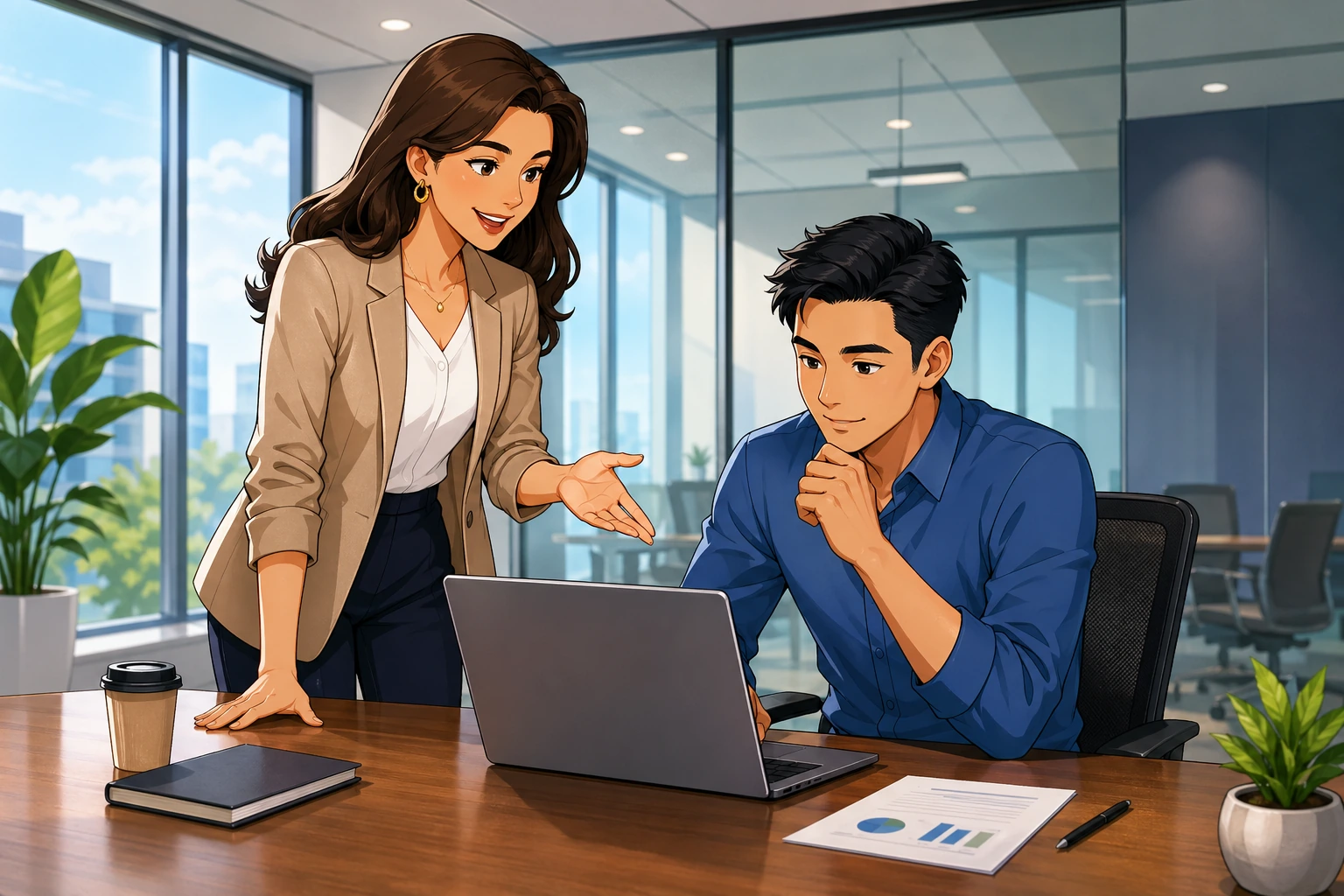 A female manager stands beside a meeting table in a modern office conference room while a male colleague looks at a laptop and listens.