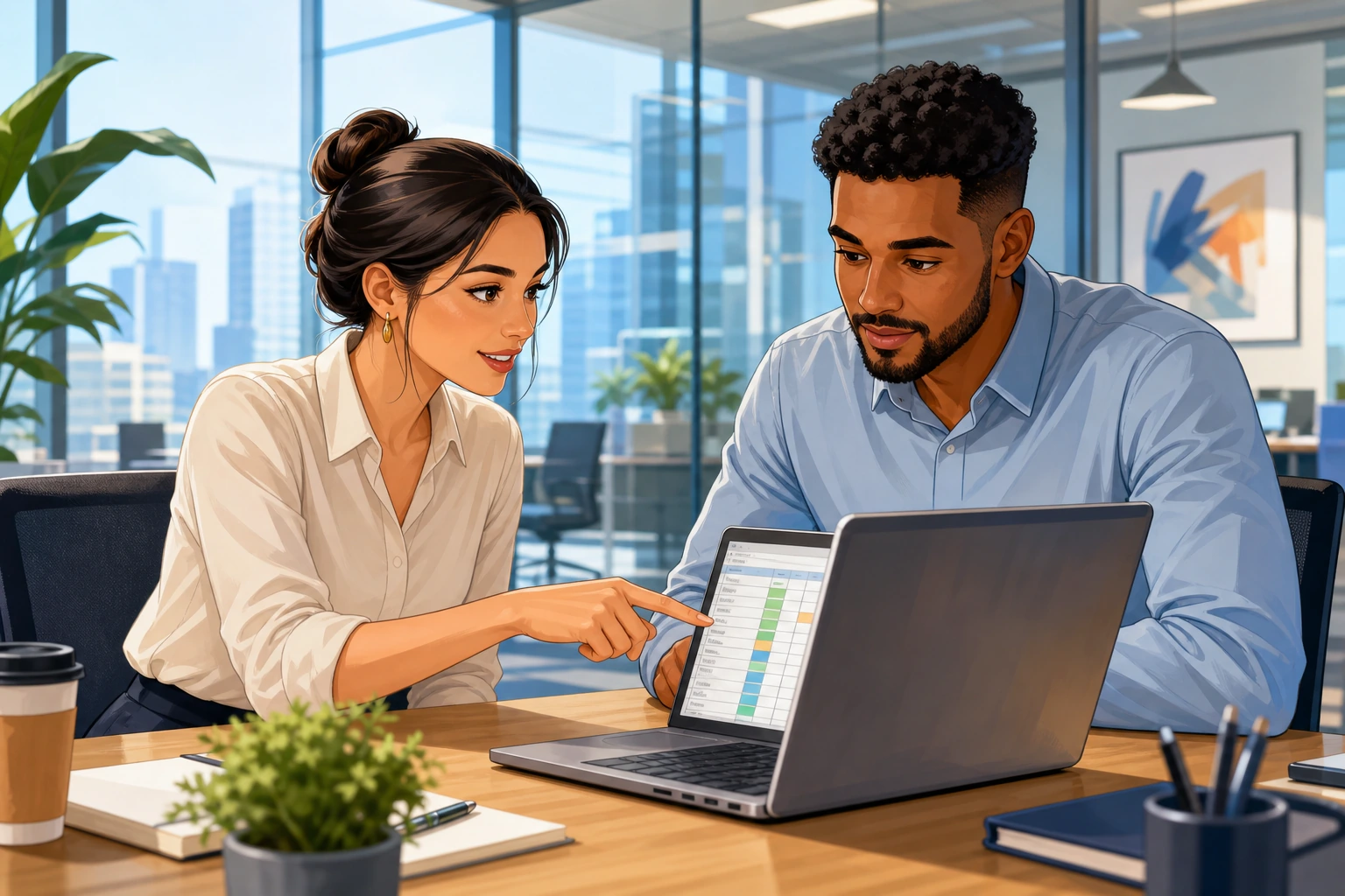 A woman in a smart blouse sits with a man in a glass-walled office, pointing at a laptop spreadsheet during a focused discussion.