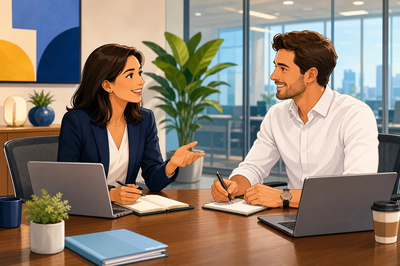 A woman in a navy blazer and a man in a white shirt sitting across from each other in a modern office conference room, with laptops and notepads open as they finish a meeting.