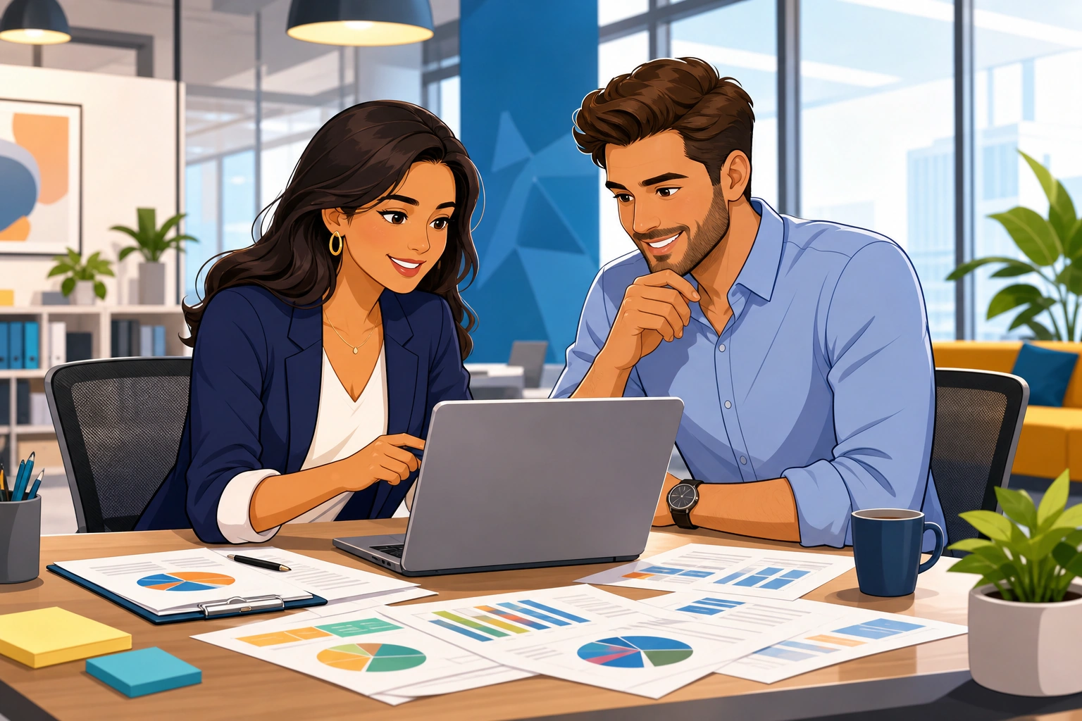 A woman in a blazer and a man at a modern office desk review a client report on a laptop with papers spread around them.