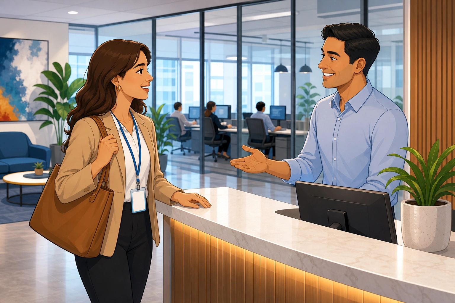 A woman with a visitor badge stands at a modern office reception desk talking to a smiling man in a button-up shirt, with computers and glass walls in the background.