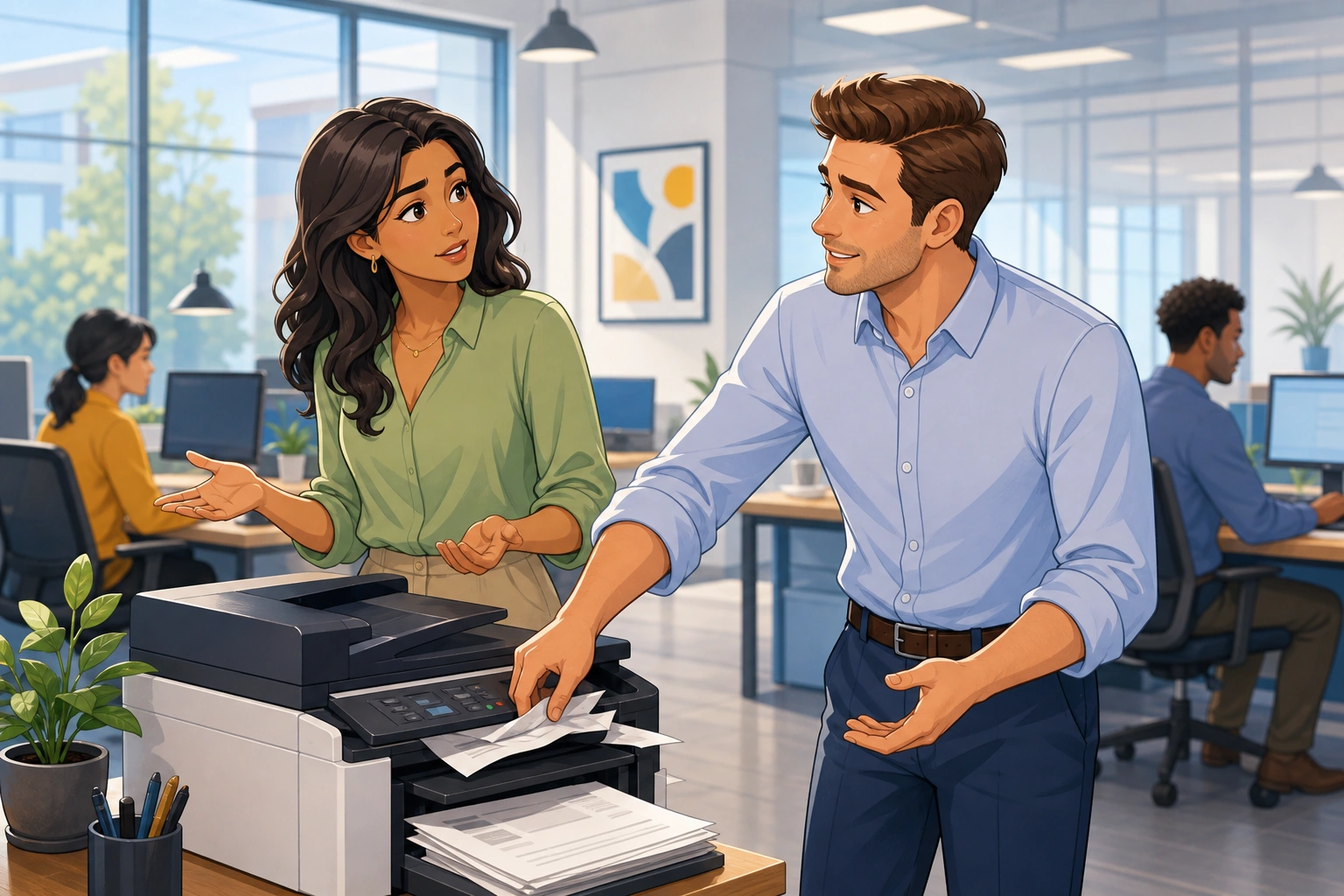 A woman in a modern office stands beside a jammed printer with papers on the tray while a man in a button-down shirt turns toward her to help, with desks and computers in the background.