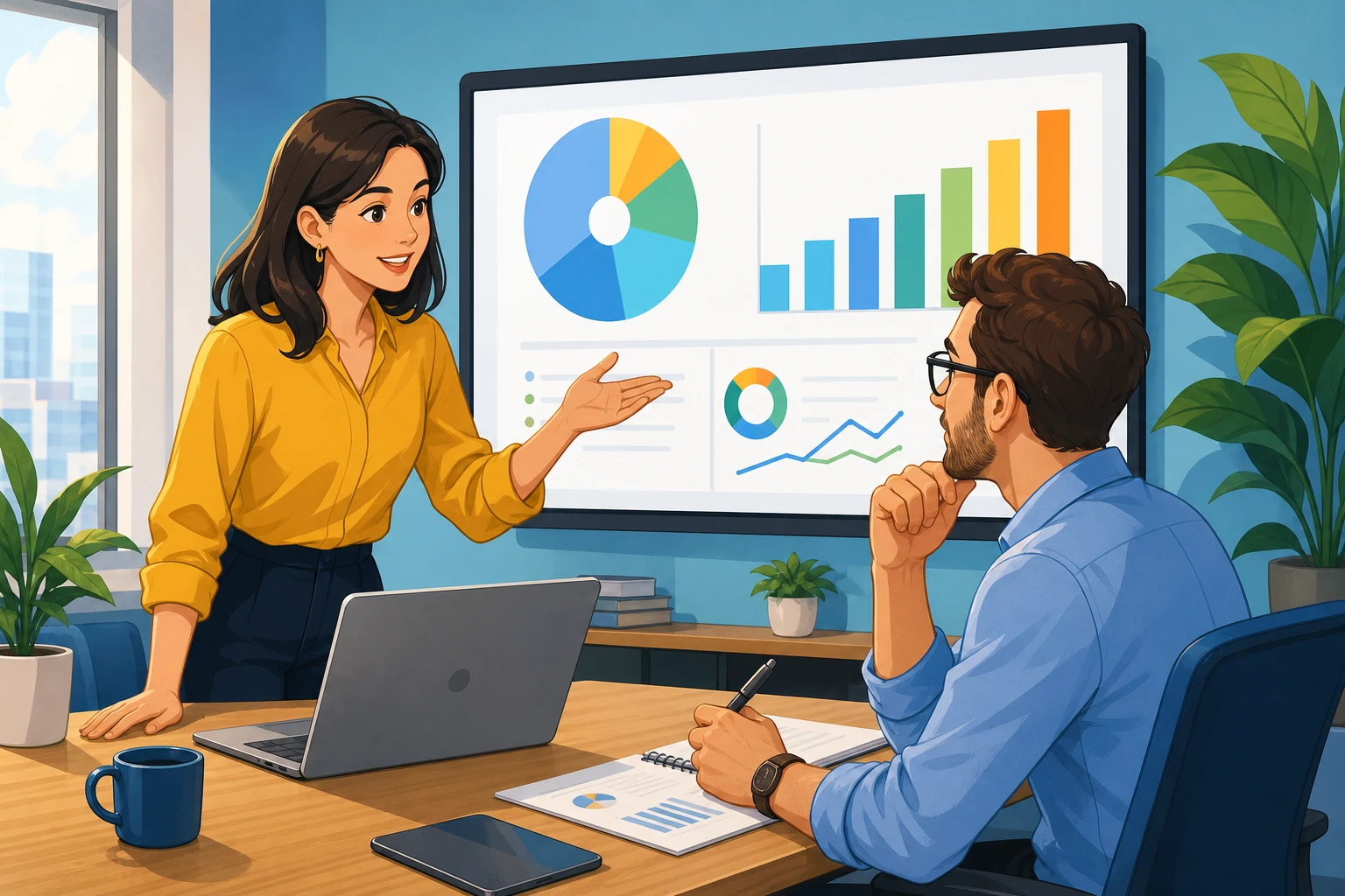 A modern office meeting room with a woman standing beside a laptop and a man across the table, both looking at charts on a screen in a calm discussion.
