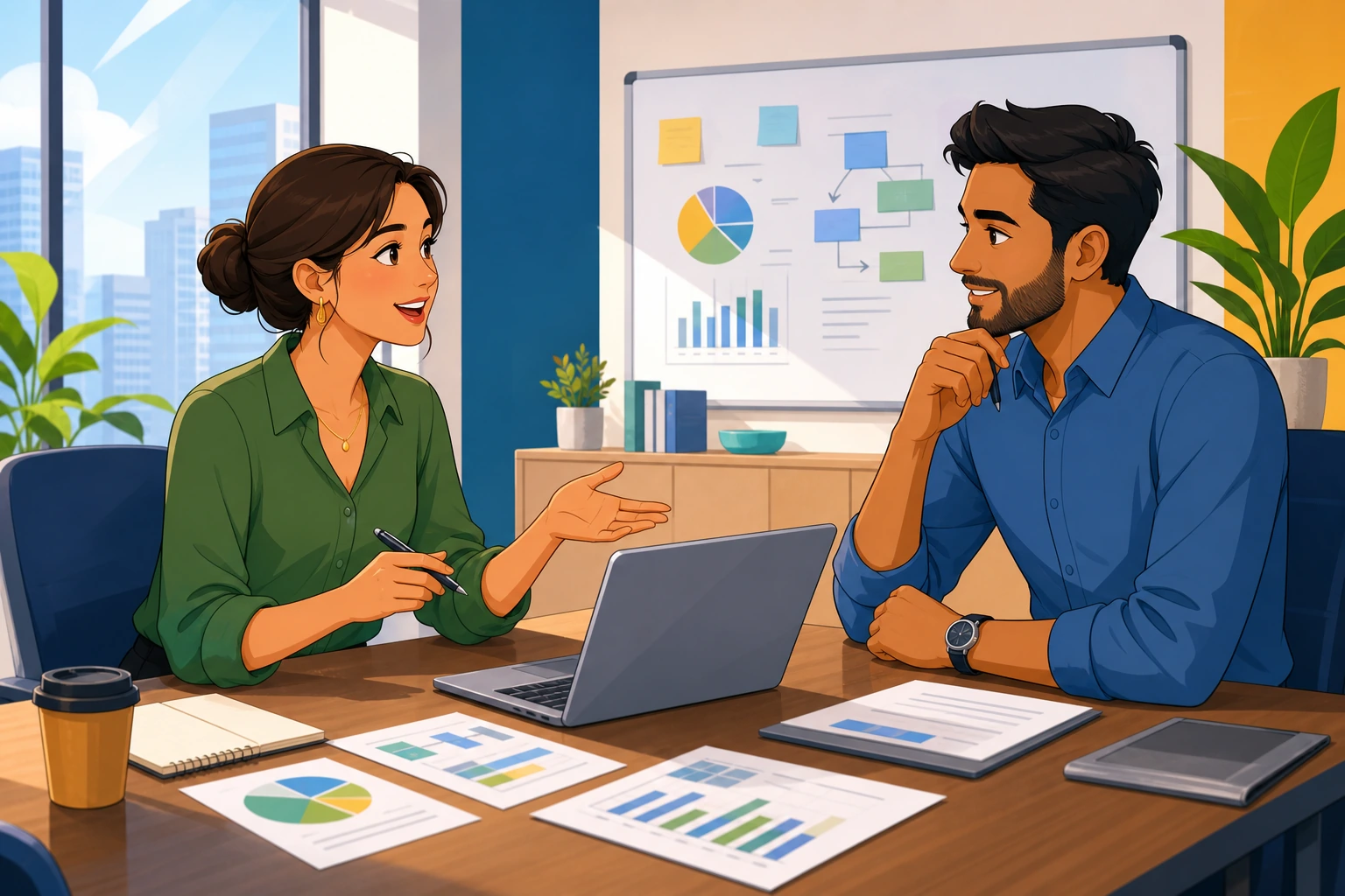 A professional office meeting room with a woman and a man seated across from each other at a table, documents and a laptop between them, as they discuss a project plan.