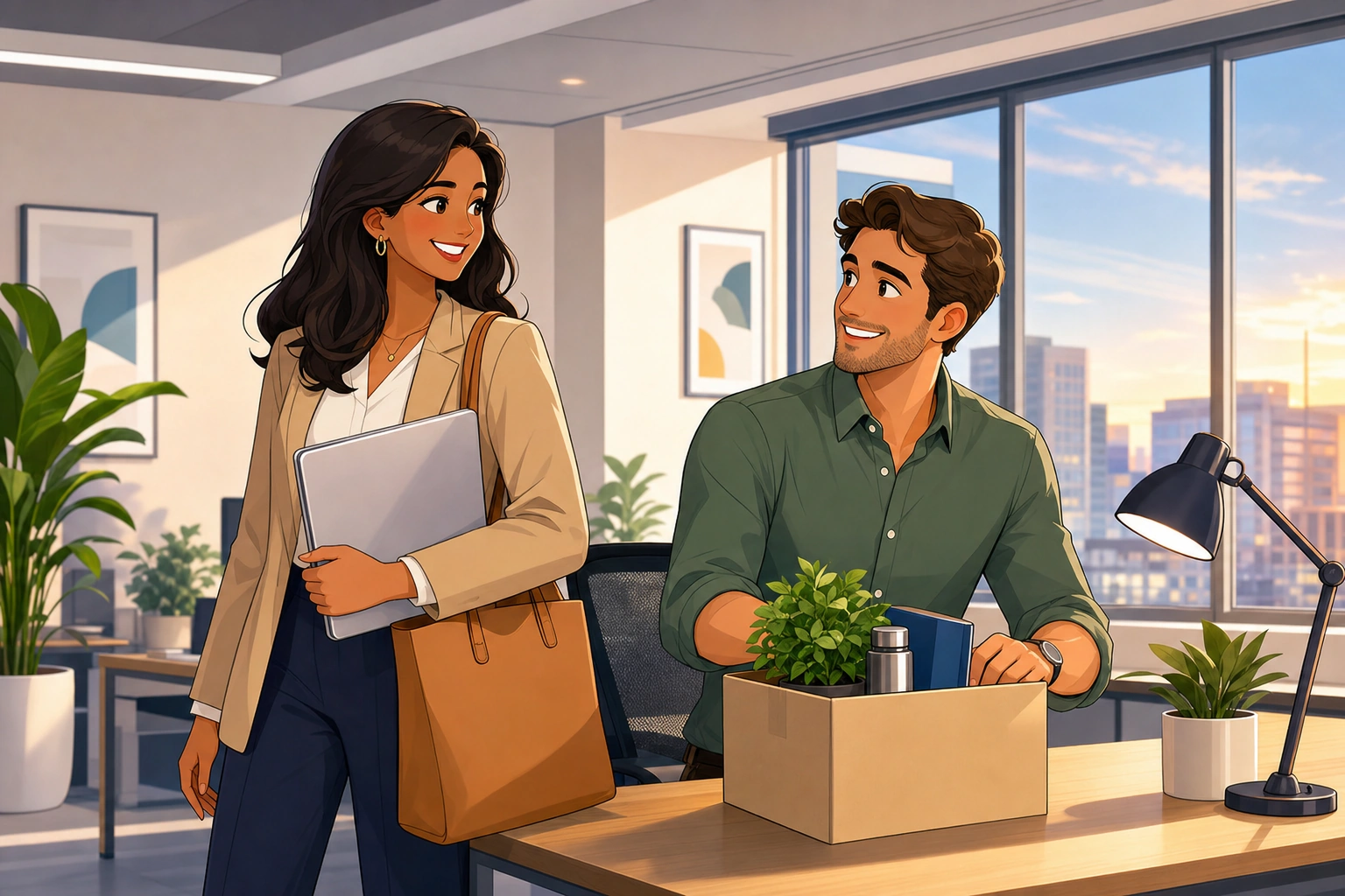 A professional woman with a laptop and a tote bag smiles beside a coworker man at a quiet office desk as they pack up to leave at the end of the day.