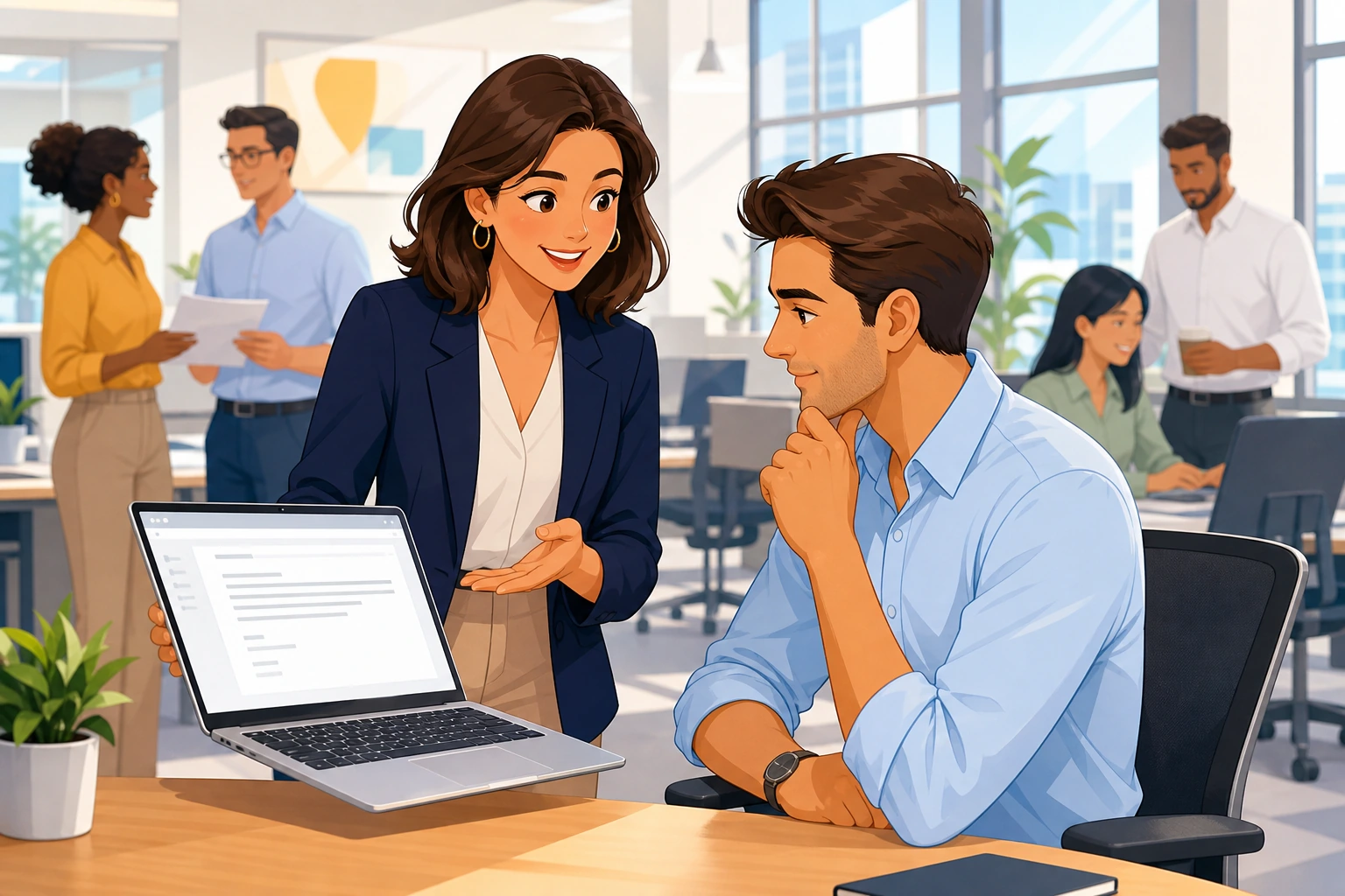 A professional woman in a blazer stands beside a desk in a bright office, showing an email draft on her laptop to a man in shirtsleeves while coworkers and papers blur softly in the background.