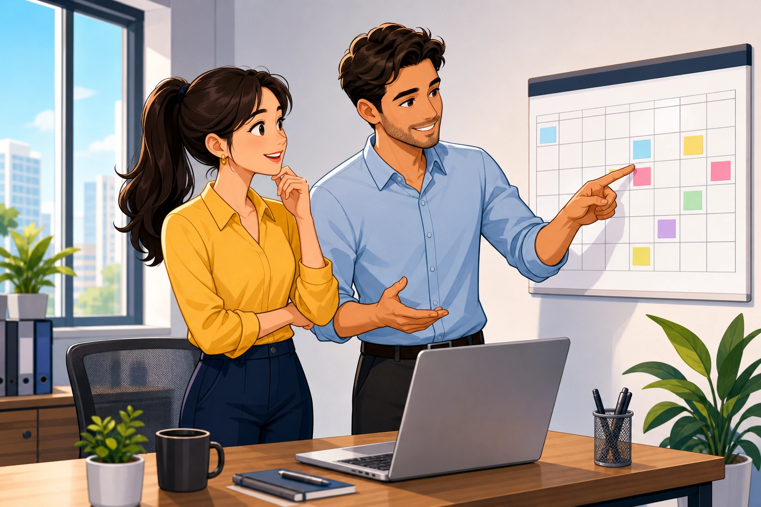 A young woman and a man stand beside a desk in a modern office, looking at a laptop and calendar while discussing a meeting schedule.