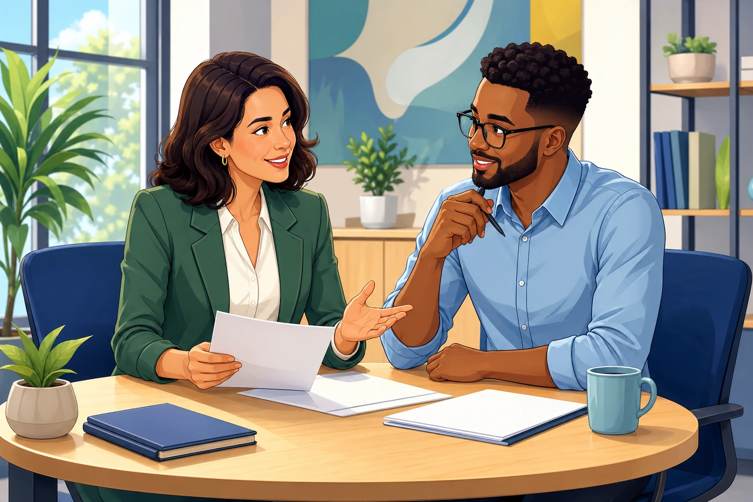 A woman manager and a man coworker sit at a small office meeting table reviewing documents and discussing feedback.