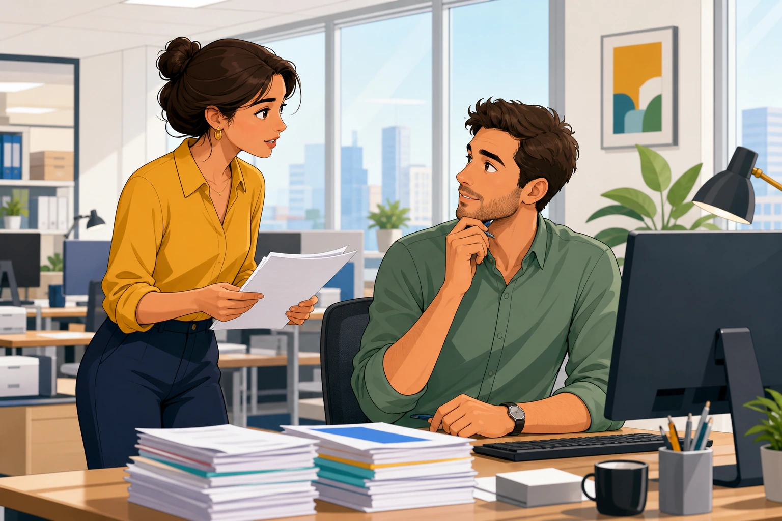 A focused woman with papers in hand asks a man at a modern office desk while computer screens and stacked reports fill the bright workspace.