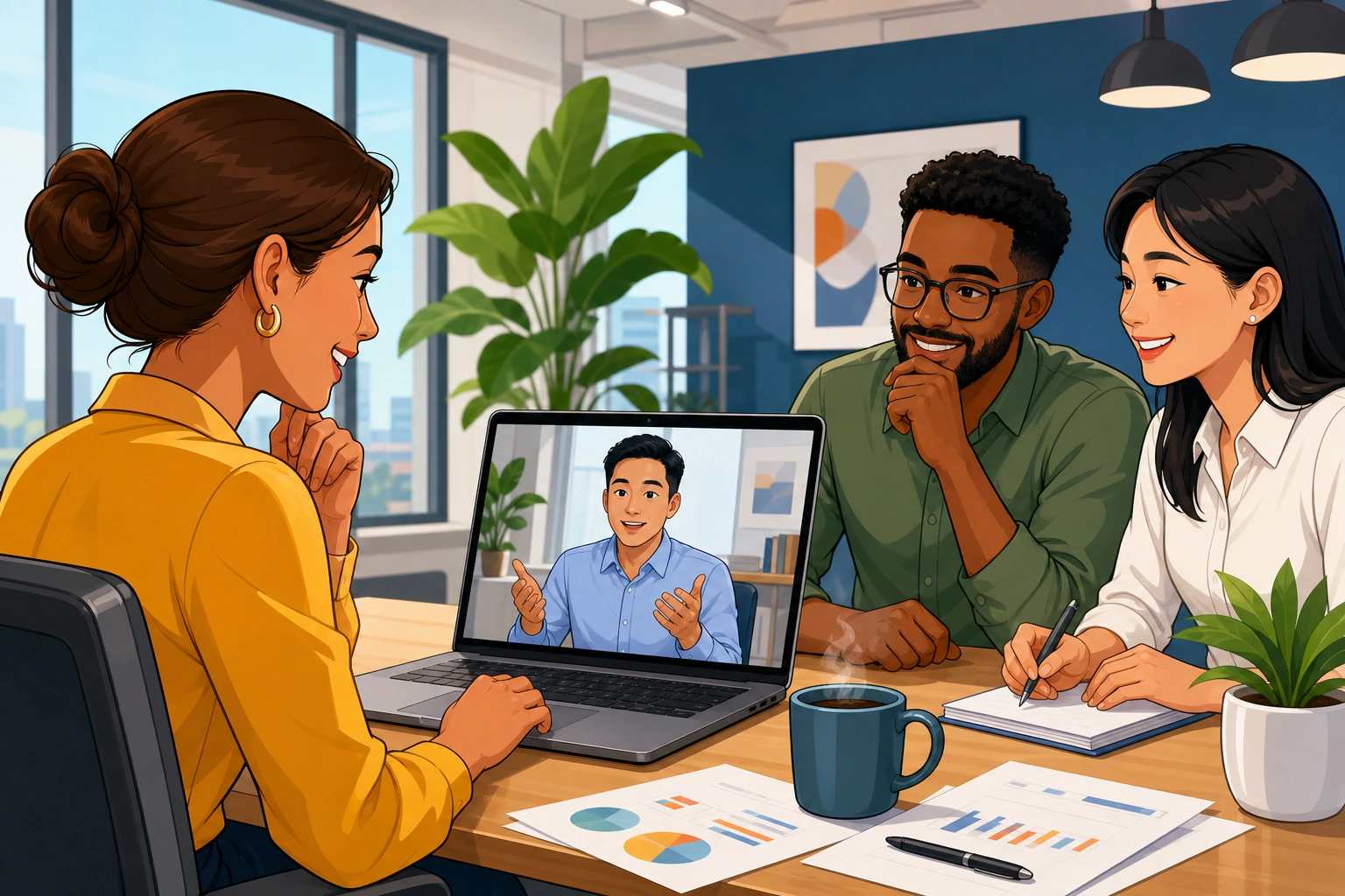 A modern office meeting room with a woman on a laptop video call and a man on the screen gesturing politely, while papers and a coffee mug sit on the table.