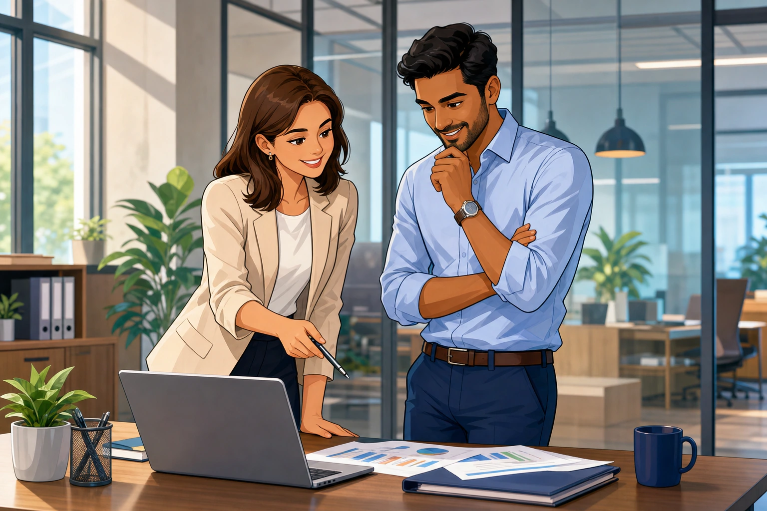 A professional woman and a man stand beside a desk in a modern office, reviewing documents on a laptop and nodding in agreement.