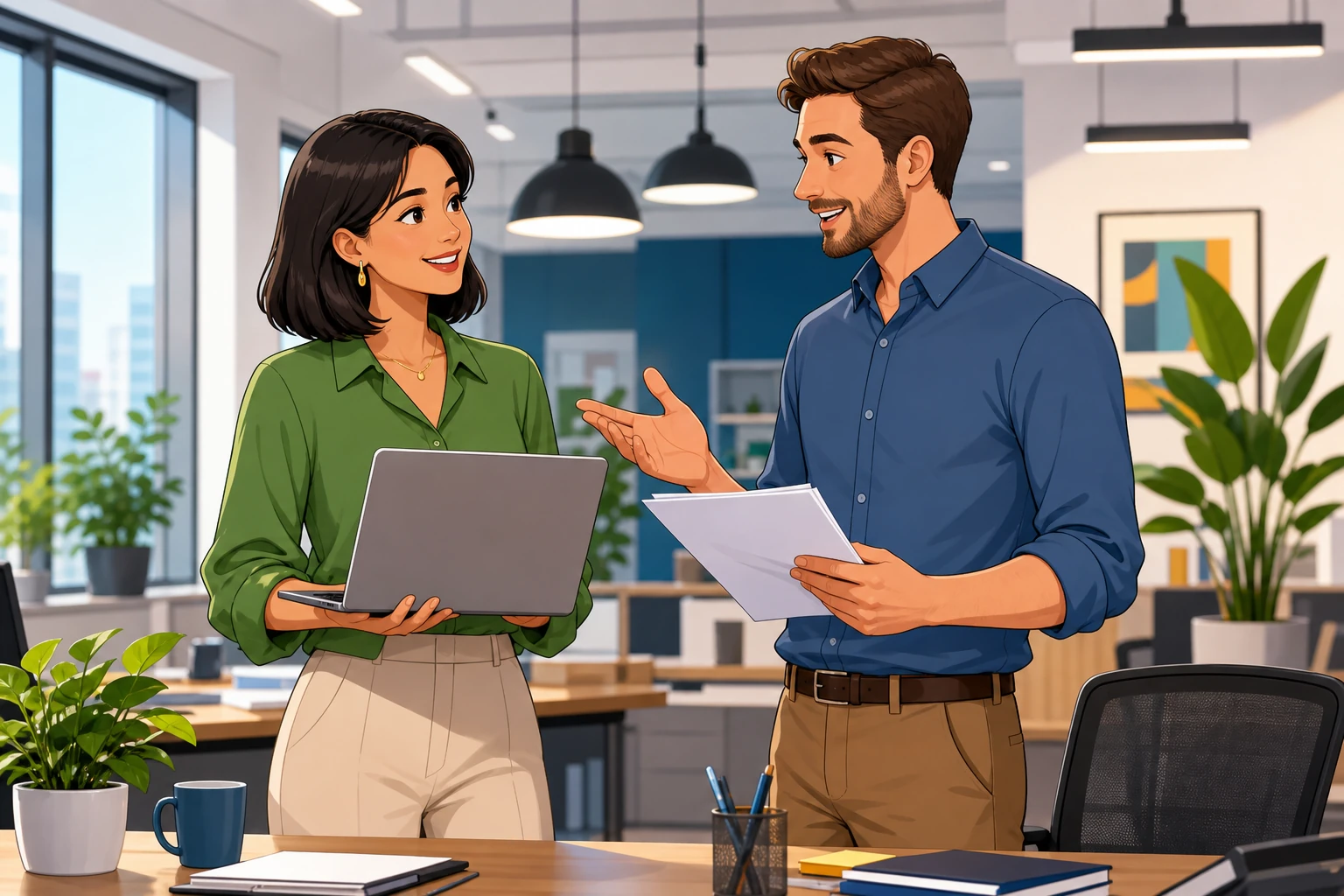 A woman with a laptop stands beside a desk in a modern office while a man holds printed pages and talks with her under bright overhead lights.