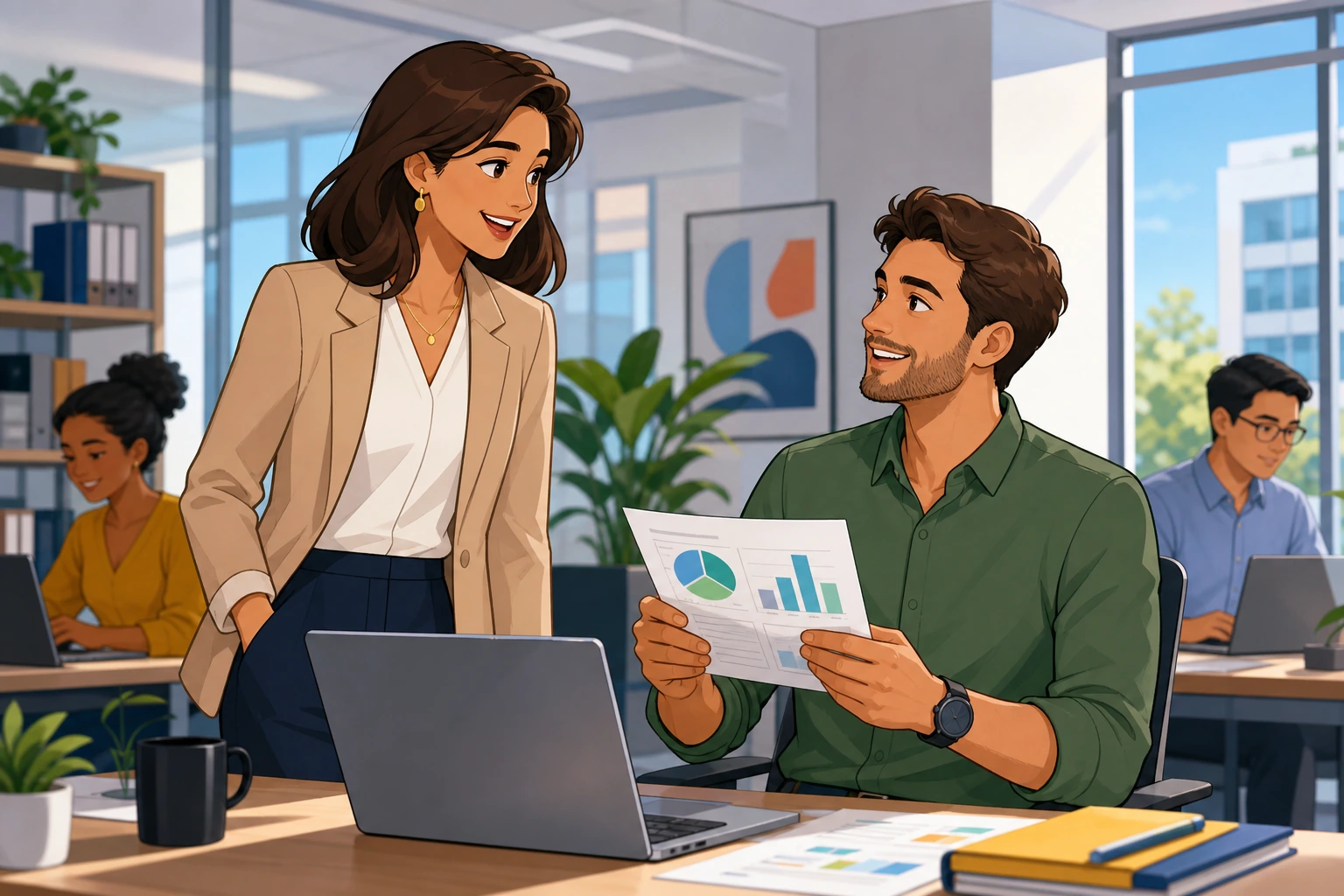 A modern office with a woman manager standing beside a desk, smiling at a man employee who is holding a printed report, with laptops, papers, and bright daylight in the background.