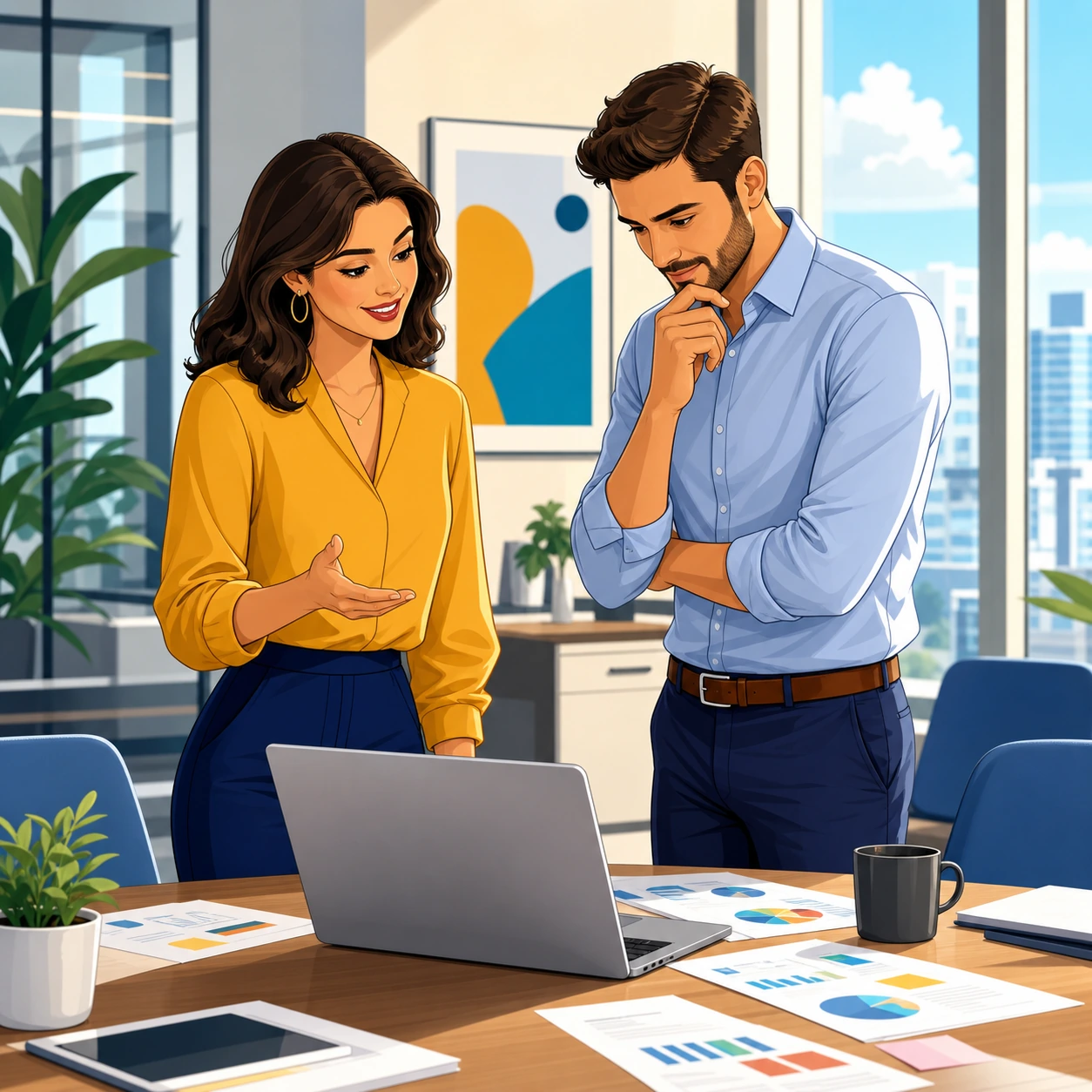 A woman and a man stand beside a conference table in a modern office, looking at a laptop and papers while discussing a work issue.