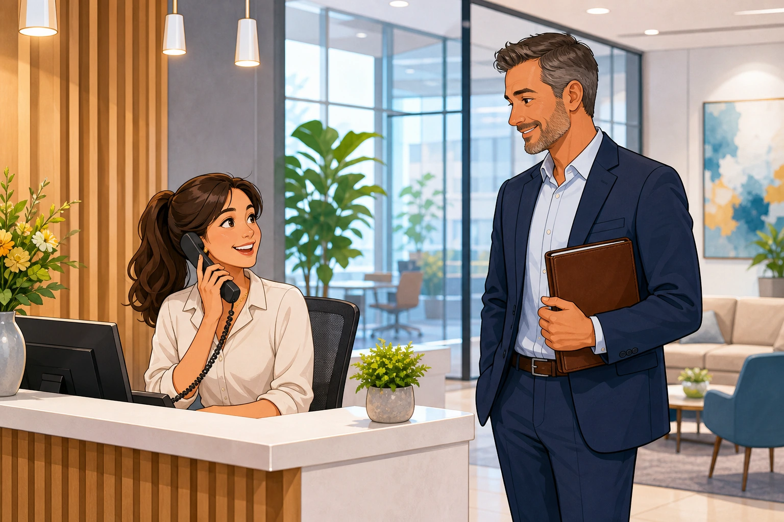 A young woman at a tidy office reception desk holds a phone to her ear while a middle-aged man in a suit stands nearby with a meeting folder, both in a bright modern workplace.