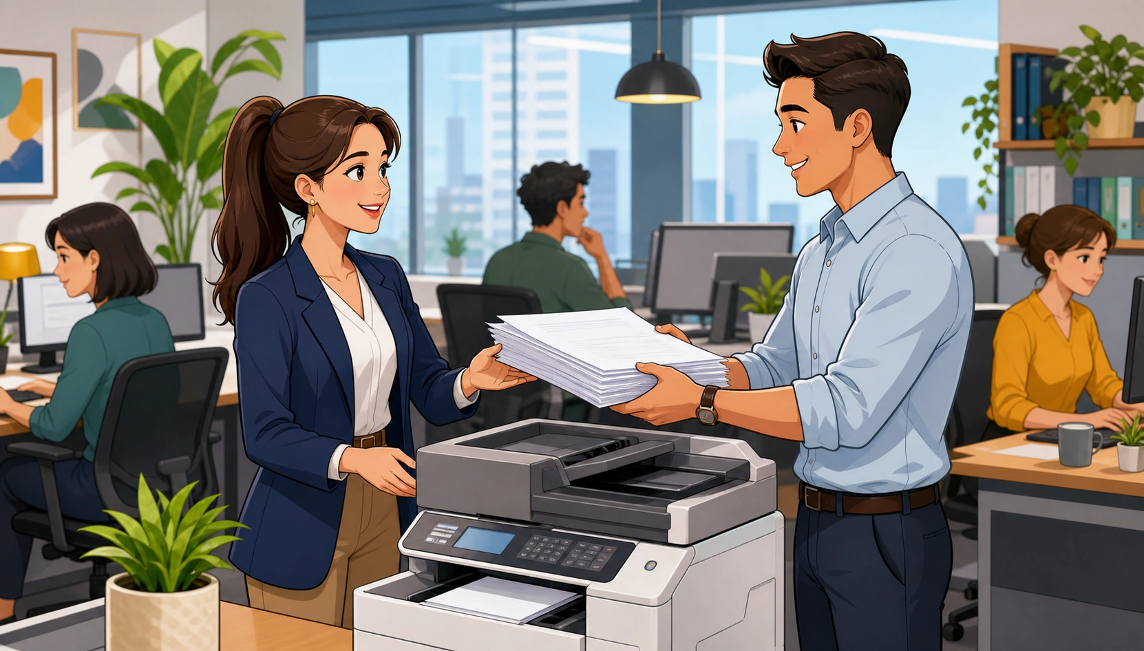 A young woman in a blazer stands by a printer in a busy office while a man in a shirt hands her a fresh stack of papers, with desks and computers in the background.
