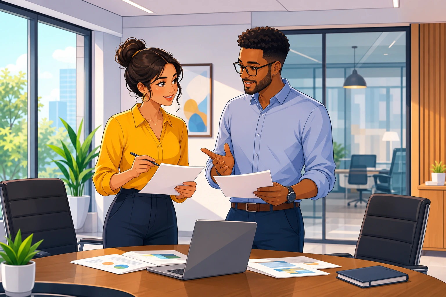 A woman and a man stand near a conference table in a modern office, looking at papers and a laptop while discussing a project launch.