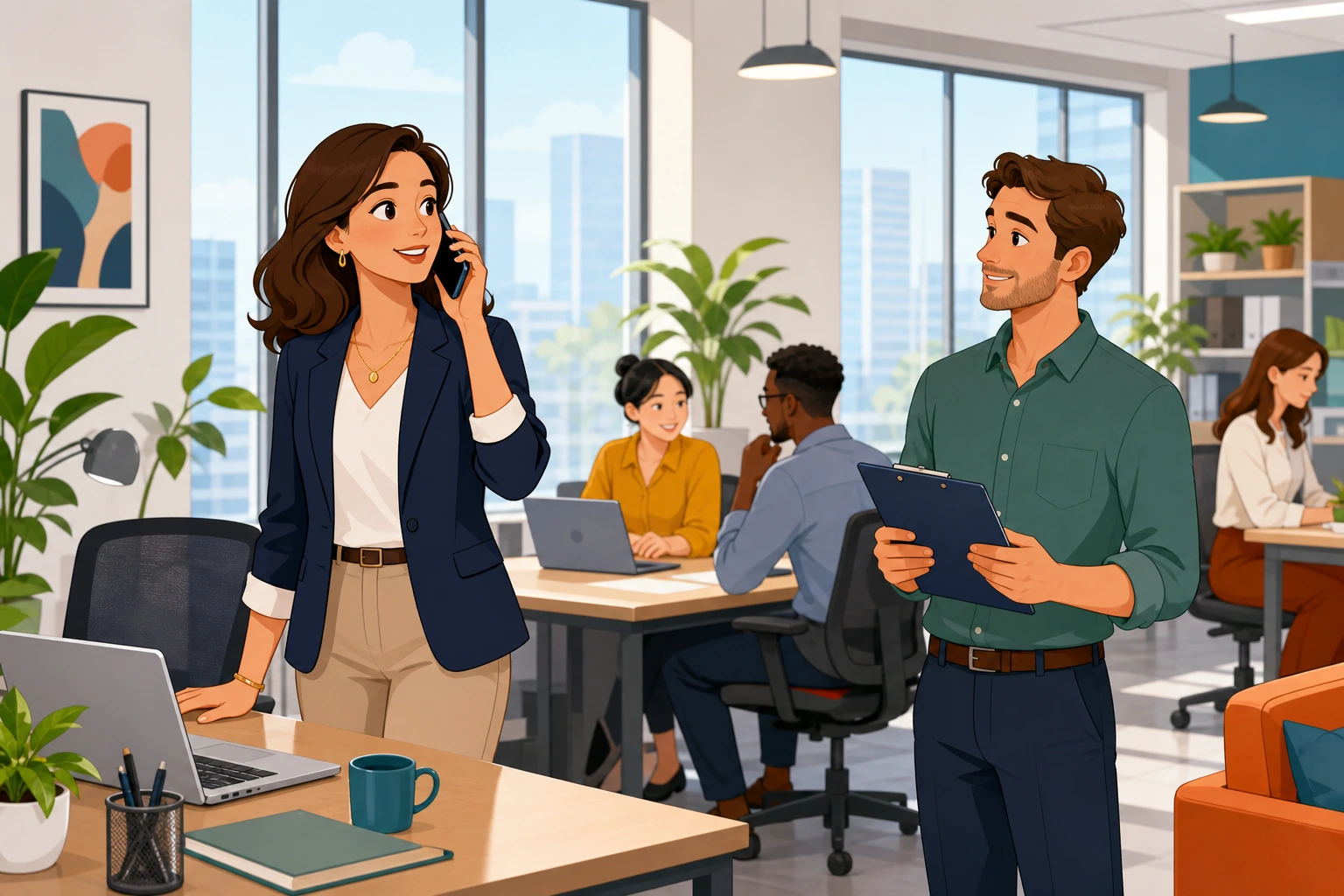 A woman in a blazer stands beside her desk in a modern office, speaking on a phone while a man with a clipboard looks up from across the workspace.
