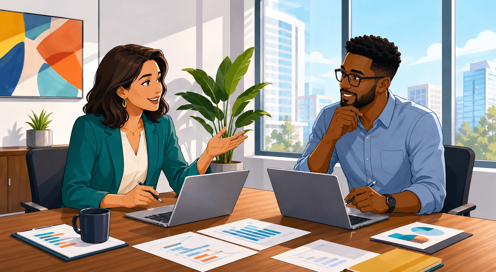 A woman manager and a man coworker sit at a conference table with laptops and charts, discussing a business decision in a modern office.