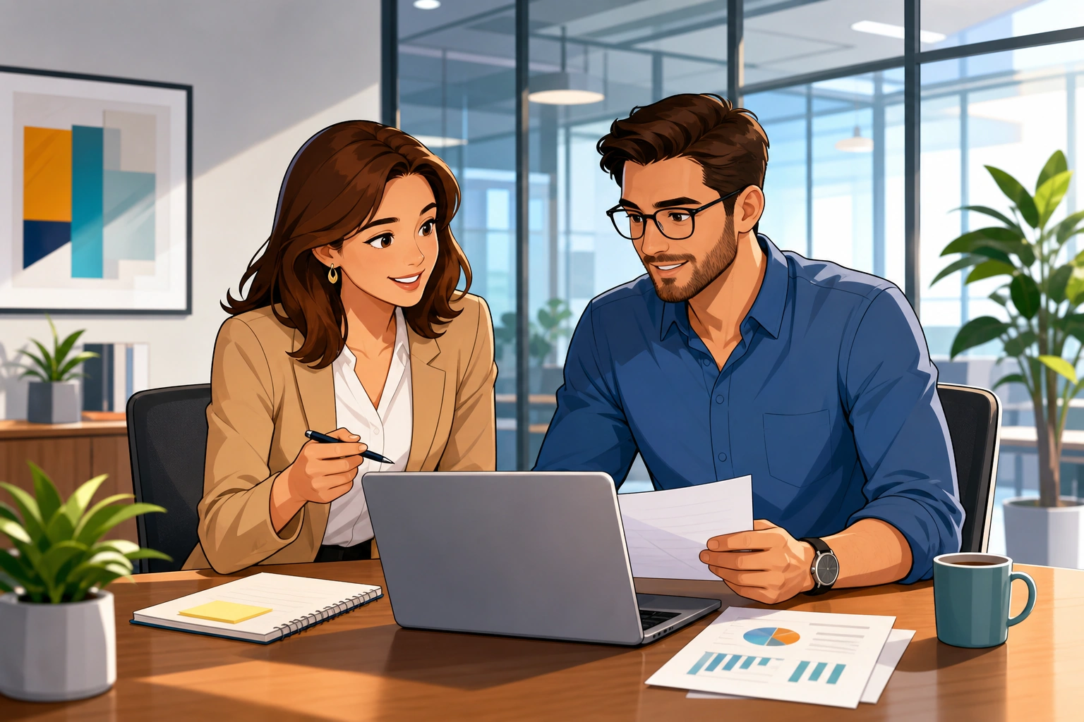 A woman and a man sit in a modern office meeting room, looking at a laptop and paper notes while discussing a work decision.