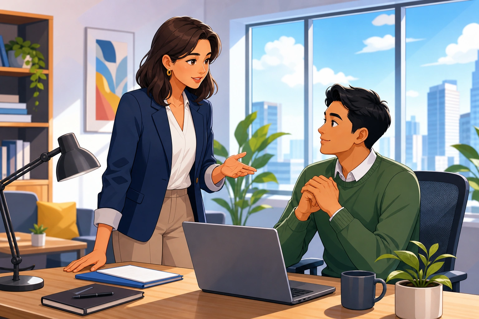 A woman in a blazer stands beside a desk in a bright office while a man sits across from her with a laptop open, both looking focused and professional.