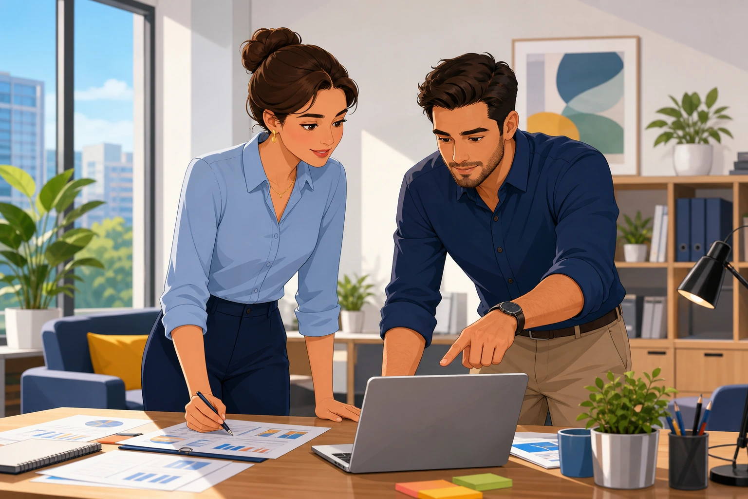 A woman in a neat office stands beside a desk with papers while a male coworker points at a laptop, both looking focused as they decide on the final plan.