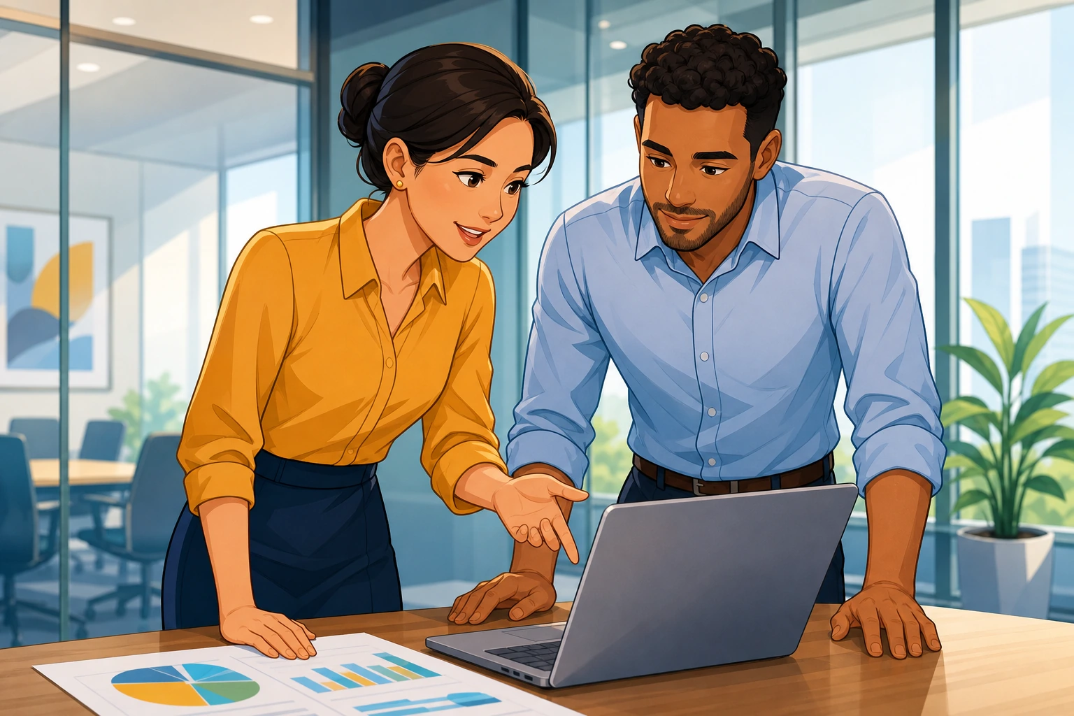 A professional woman and a male coworker stand beside a laptop in a bright office meeting room, leaning over charts and speaking quietly during a planning discussion.