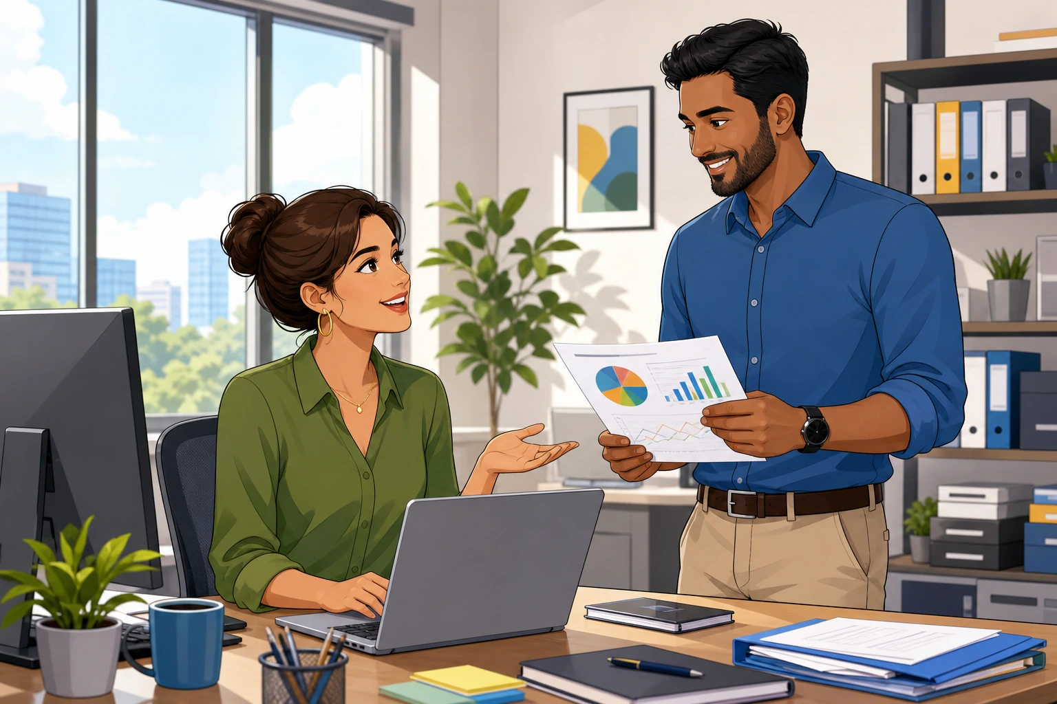 A woman at a modern office desk talks with a man holding a printed report, with computers, folders, and daylight from a window.