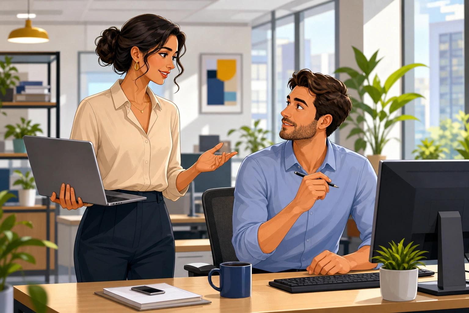 A woman with a laptop stands beside a man’s desk in a bright office, speaking politely while he looks up from his monitor and listens with a pen in hand.