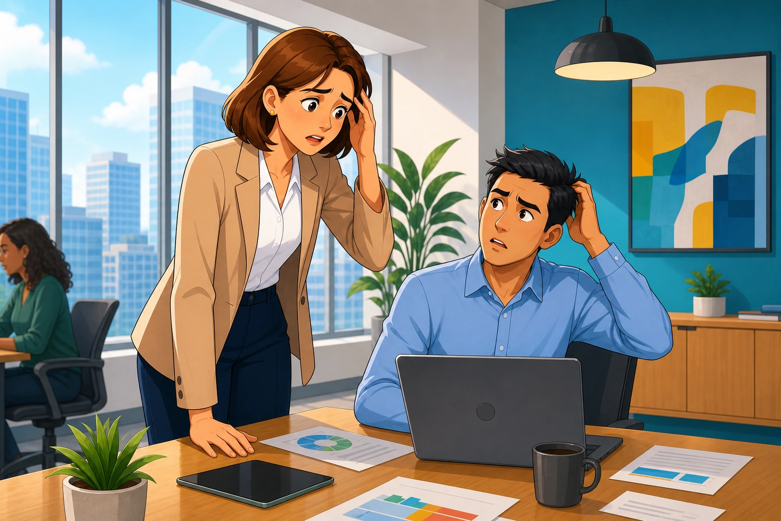 A worried woman in business clothes stands beside a conference table in a modern office while a man with a laptop looks confused, with papers and a coffee mug on the table.