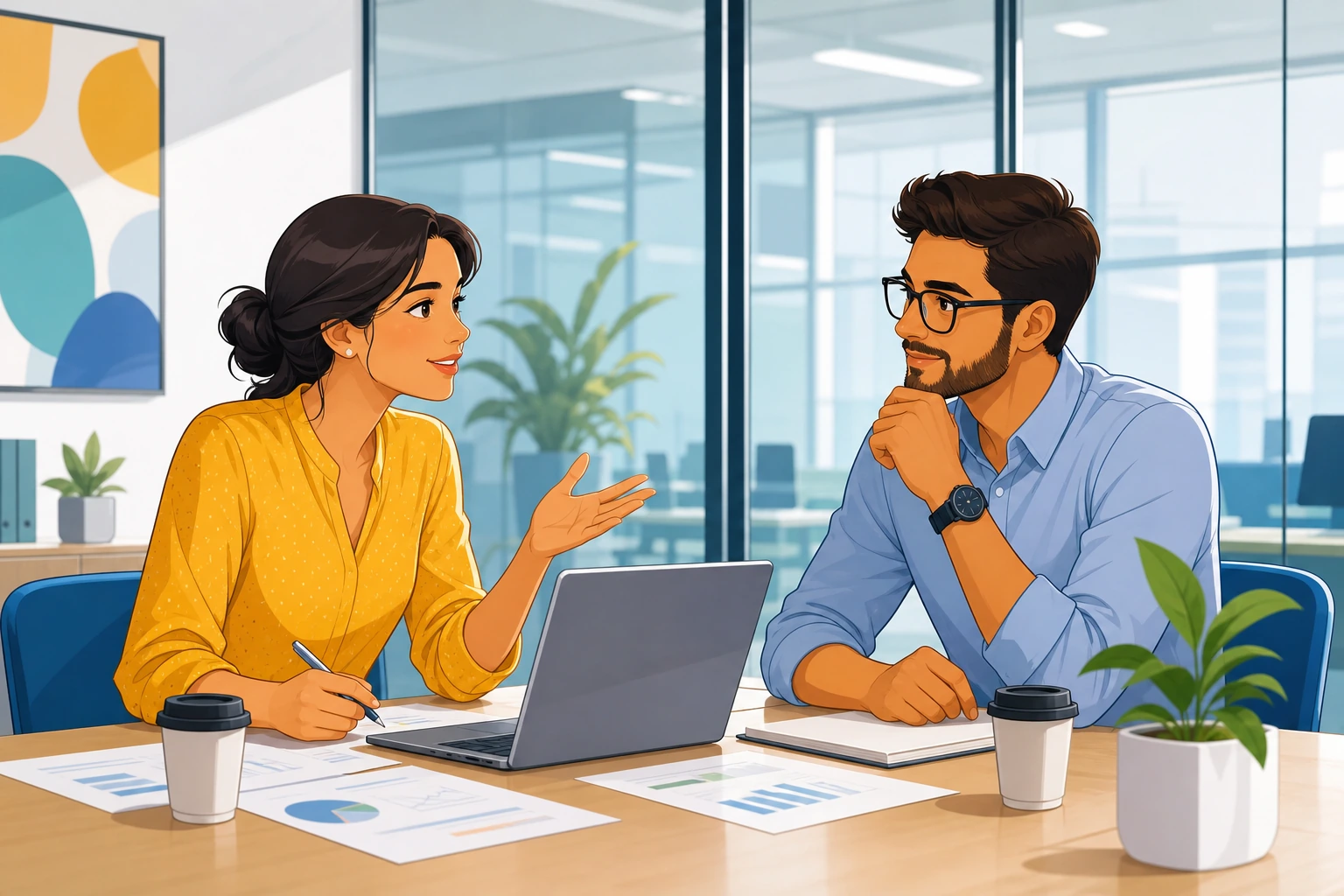 A woman and a man sit in a modern office meeting room with a laptop, papers, and coffee cups, discussing a project deadline beside a glass wall.