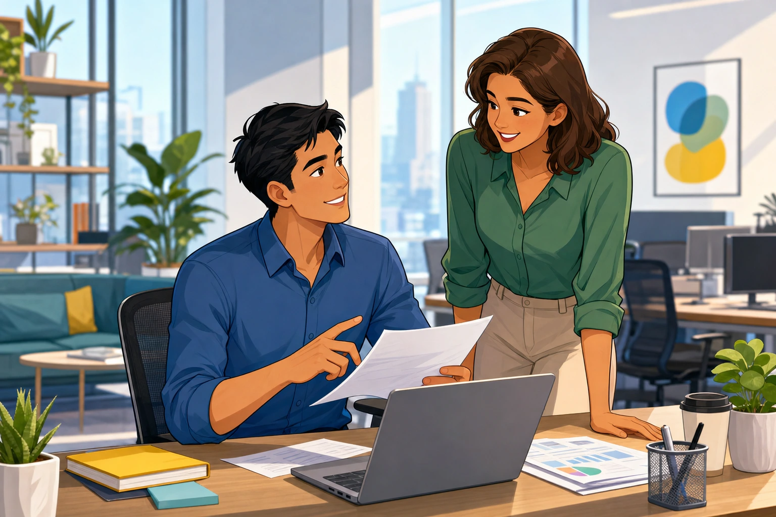 A woman in business casual stands by a coworker’s desk in a bright office, while a man reviews papers on his laptop and they chat between tasks.