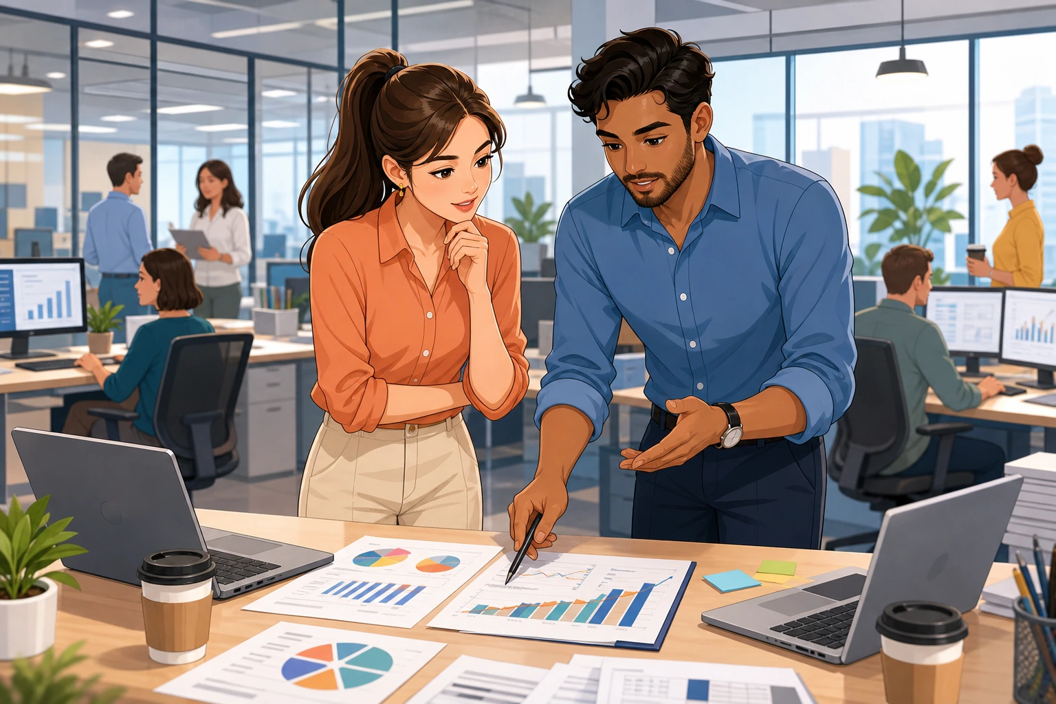 A young woman and a man stand beside a desk in a busy office, looking over charts and discussing a sales problem with laptops and coffee cups nearby.