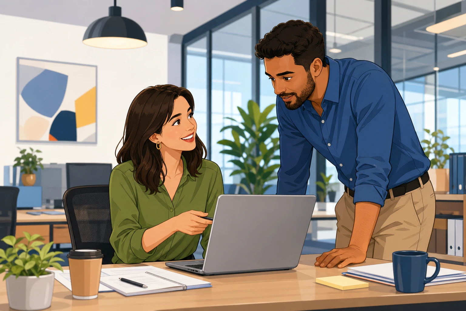 A woman at a desk shows her laptop screen to a male coworker in a modern office while papers and coffee cups sit nearby.