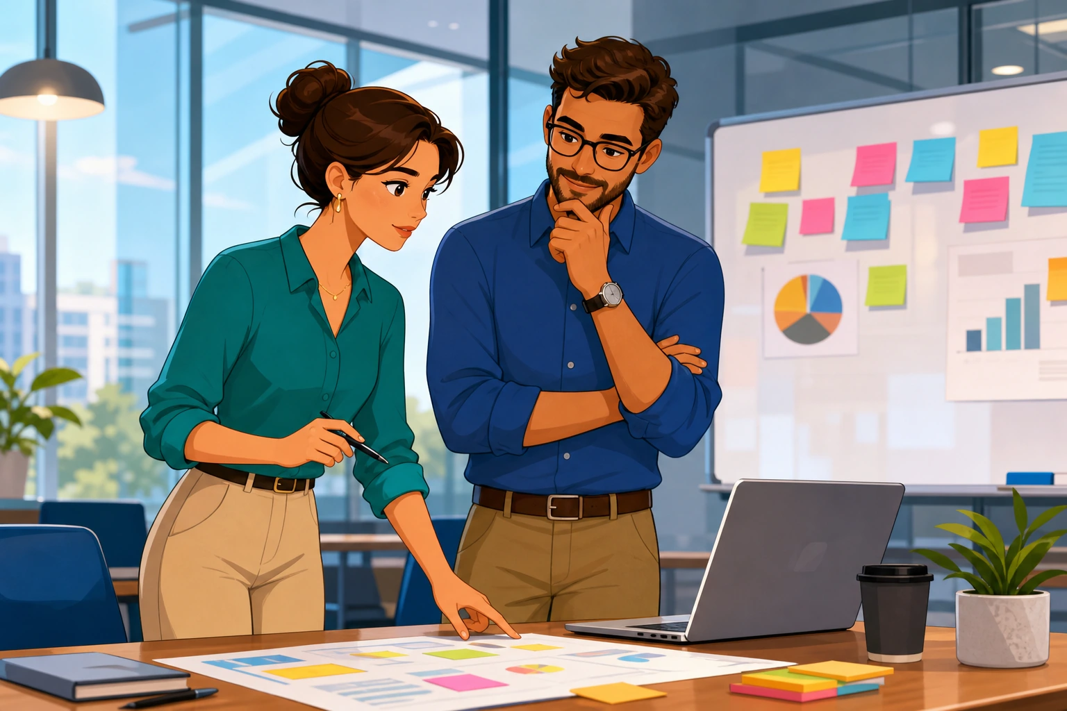 A focused woman and a male coworker stand in a modern office meeting room beside a laptop and sticky notes, discussing a project plan with thoughtful expressions.