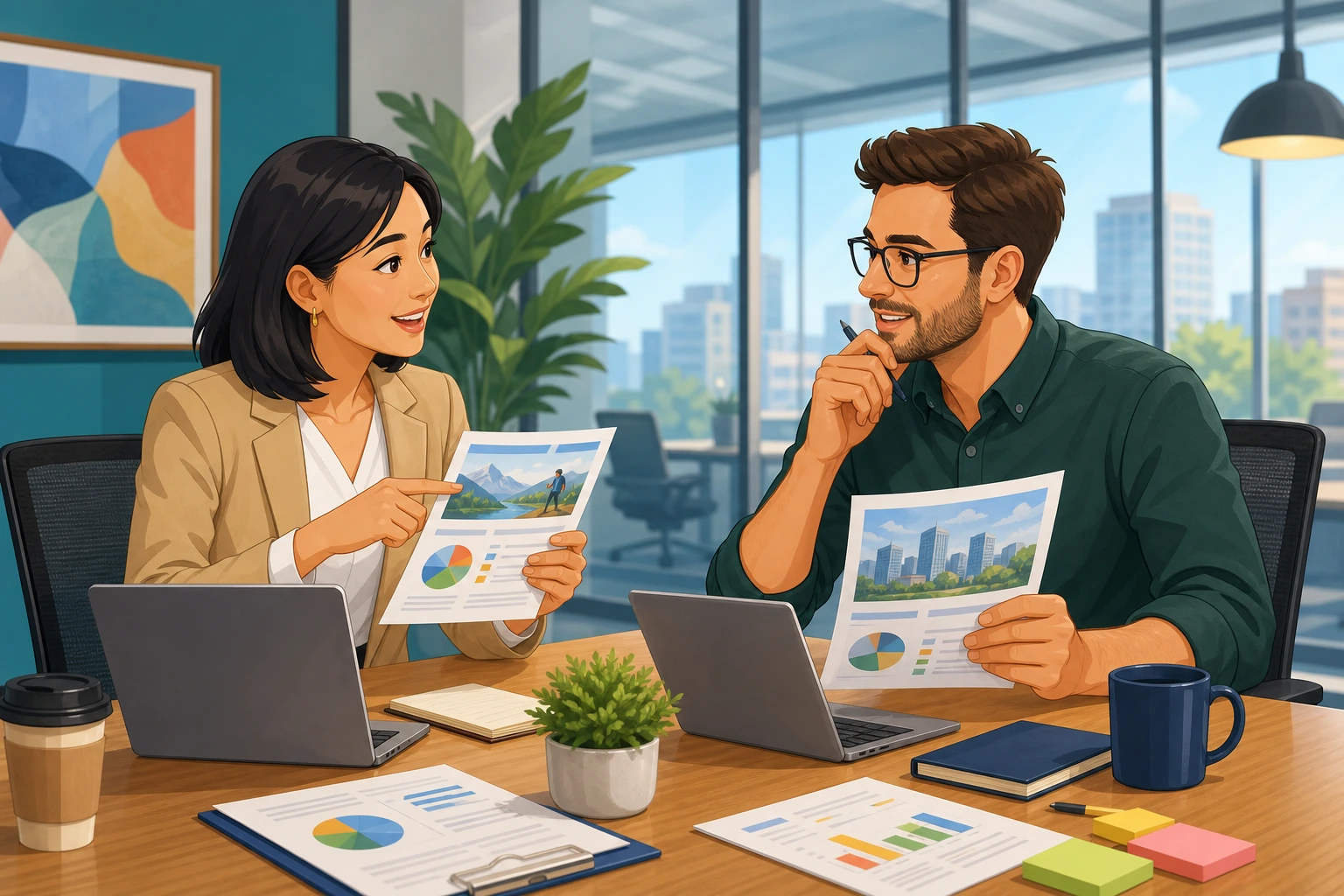 A female manager and a male coworker sit in a modern office meeting room with laptops and printouts, discussing two project proposals at a conference table.